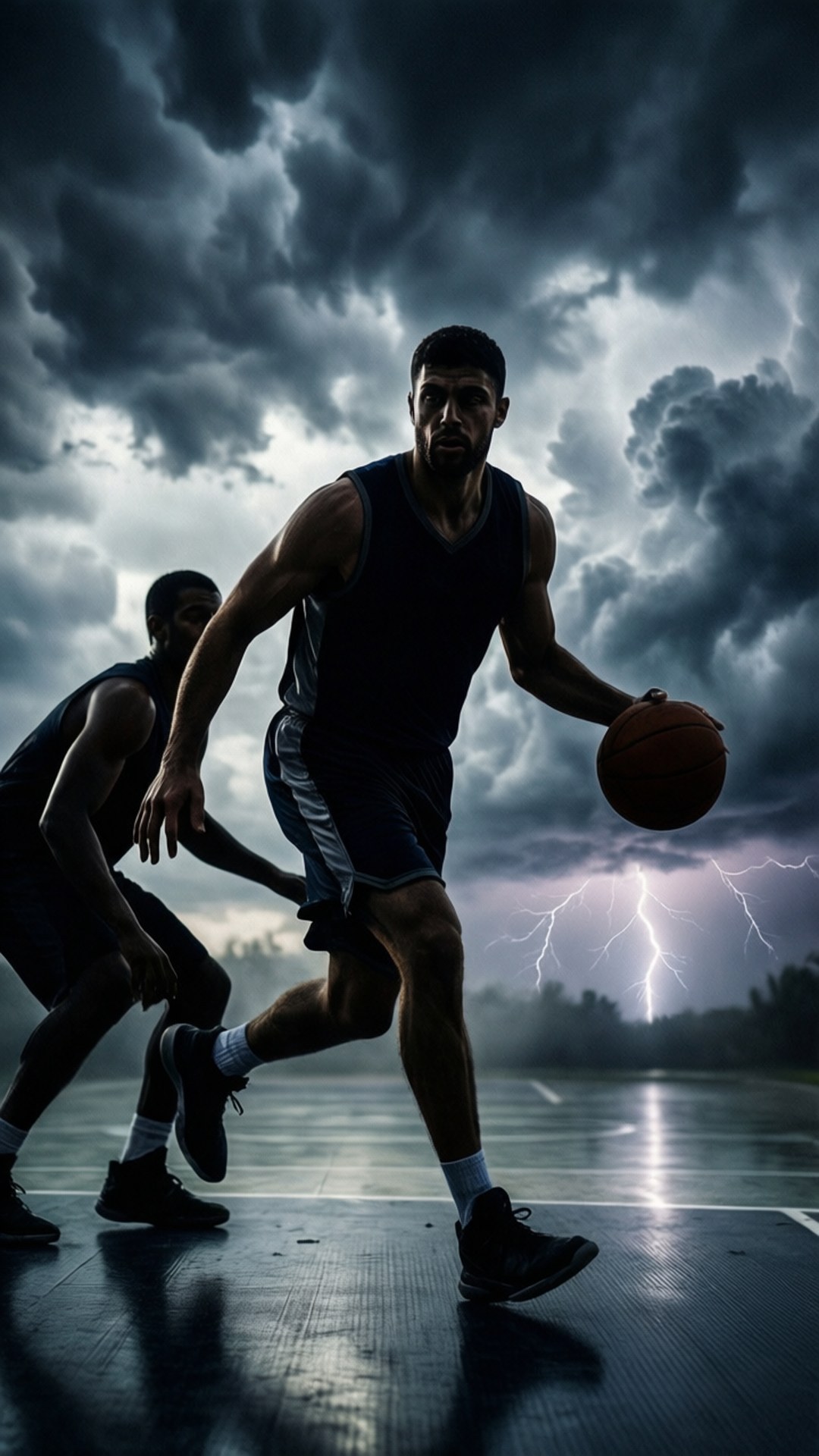 Storm Dribble 壁紙 — 一名籃球運動員在暴風雨的天空下激烈運球，閃電照亮了他身後濕漉漉的球場。