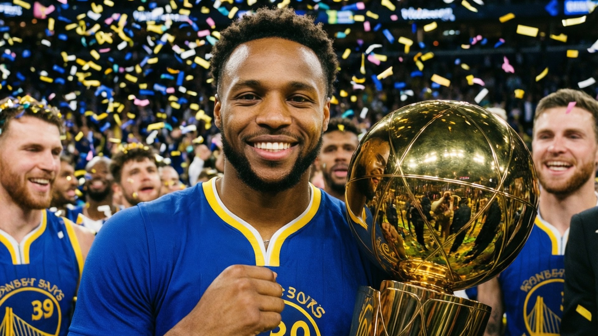 Championship Glory 壁紙 — 一位身穿藍色球衣的籃球運動員笑容滿面，手持閃閃發光的金色獎盃，周圍五彩紙屑如雨般落下。