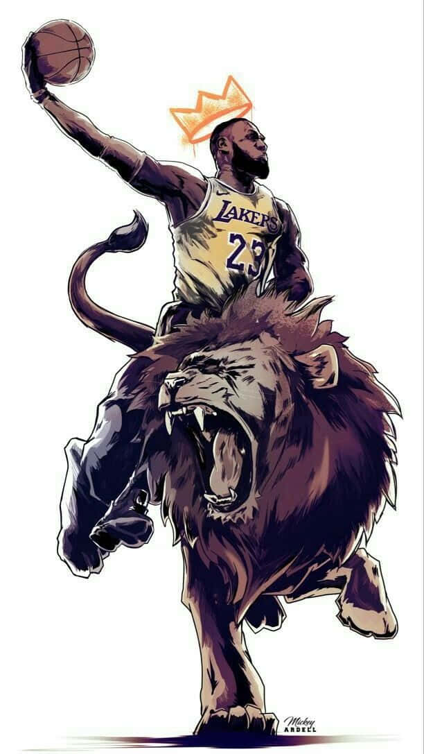 一位籃球運動員騎著咆哮的獅子，戴著王冠和球。 — King Lebron James 壁紙