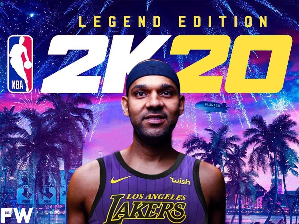 NBA 2K20 Legend Edition 封面，以湖人球員為主角，背景為霓虹熱帶夜景。 — NBA 壁紙