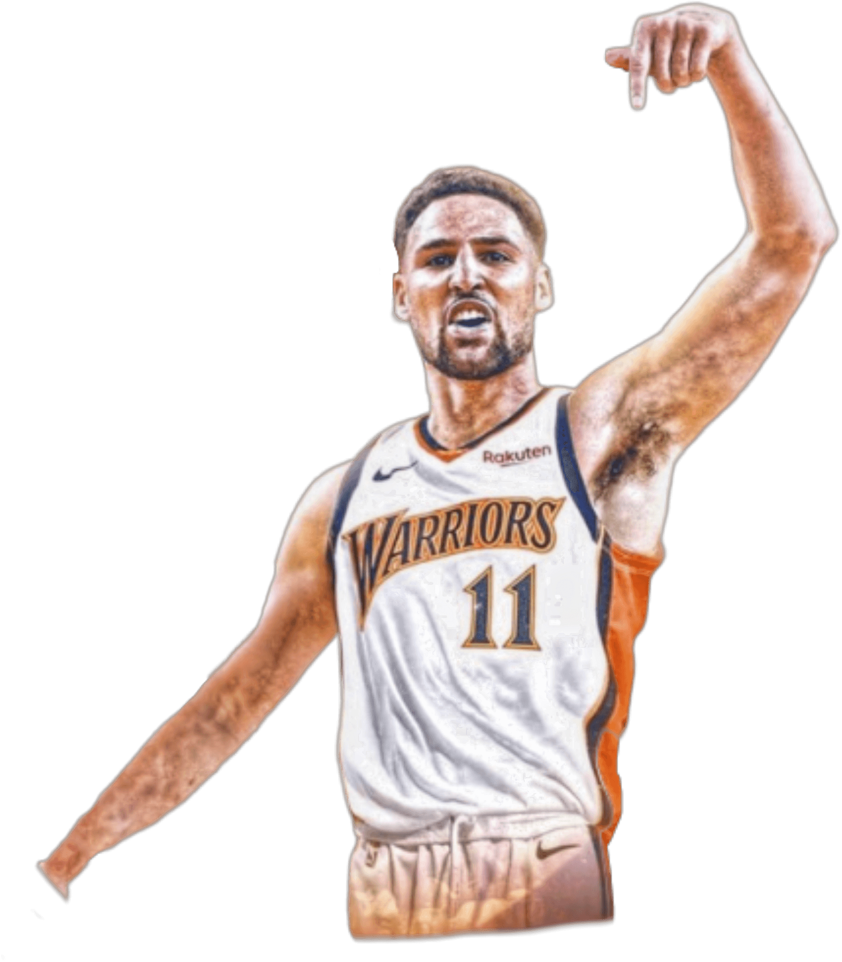 身穿勇士隊球衣的籃球運動員表情強烈地向上指。 — NBA 壁紙