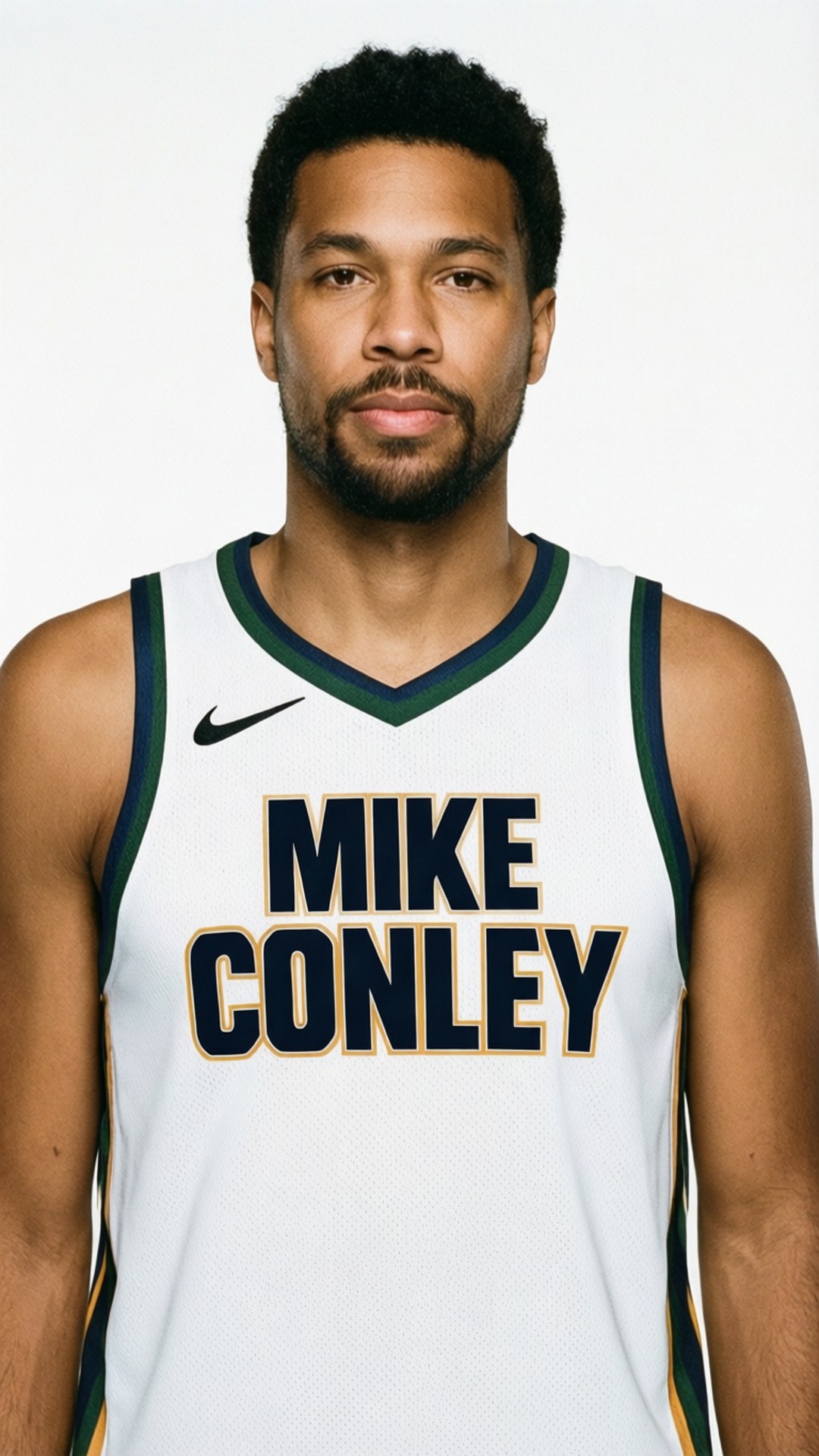Jersey Text Art 壁紙 — 一名身穿白色球衣、胸前印有「MIKE CONLEY」的籃球運動員站在純白色背景前。