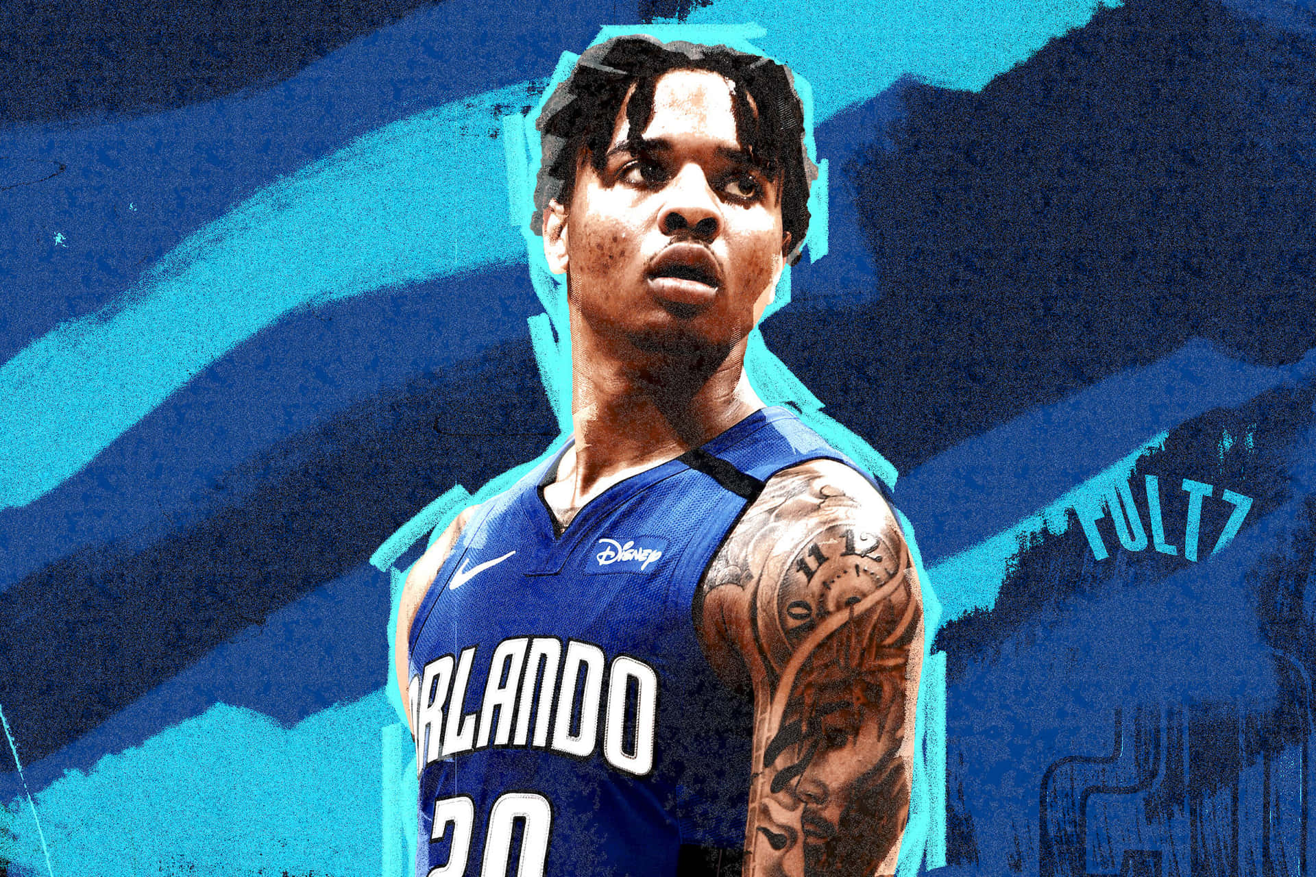 身穿奧蘭多球衣的籃球運動員，帶有刺青和風格化背景。 — NBA 壁紙
