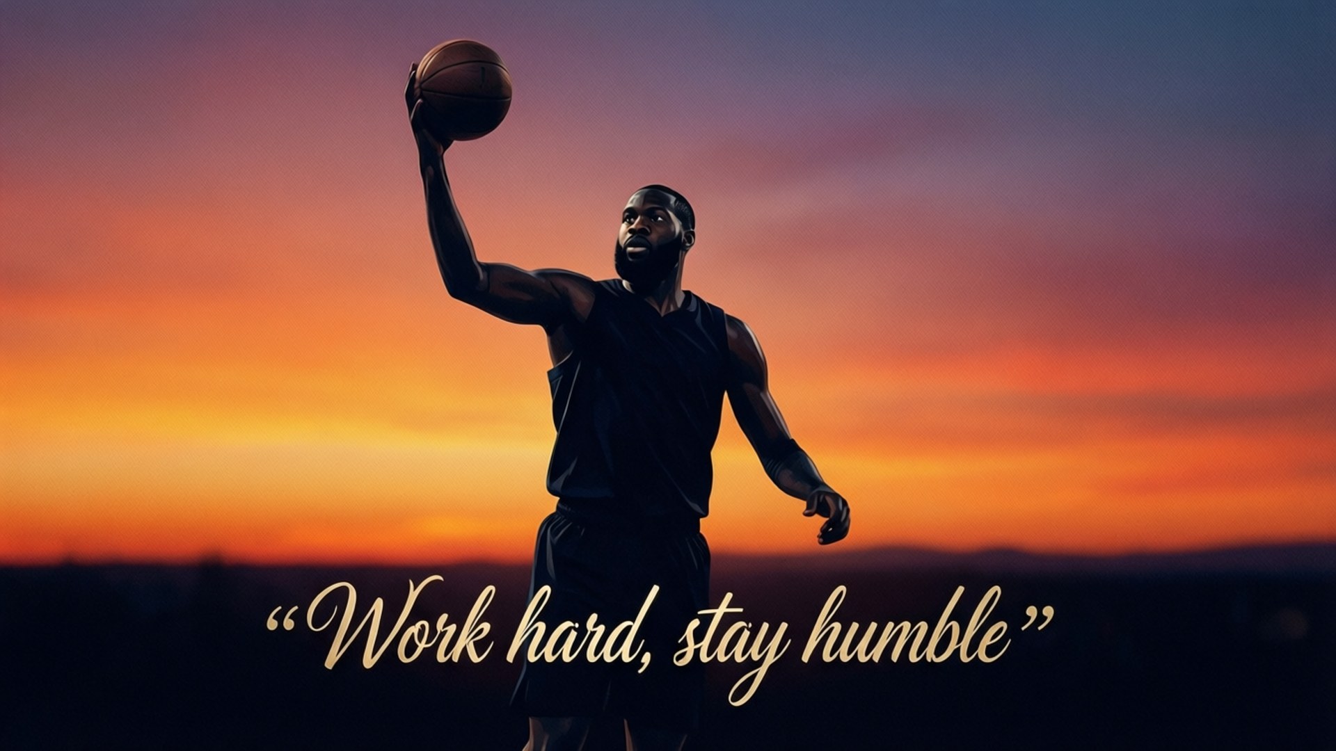 Work Hard Stay Humble 壁紙 — 一個籃球運動員在鮮豔的日落背景下形成剪影，手持籃球準備投籃，下方顯示名言 work hard stay humble。