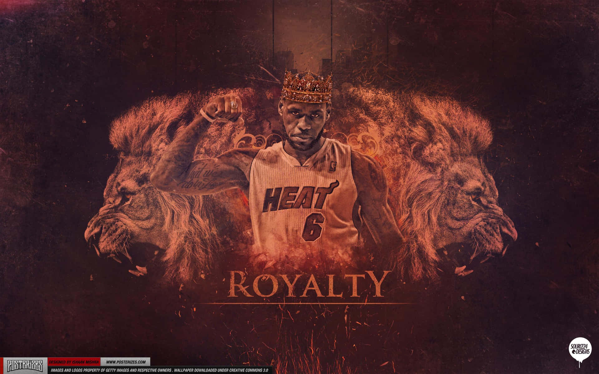 一名戴著皇冠的籃球運動員，兩側各有一頭獅子，下方有「royalty」字樣。 — King Lebron James 壁紙
