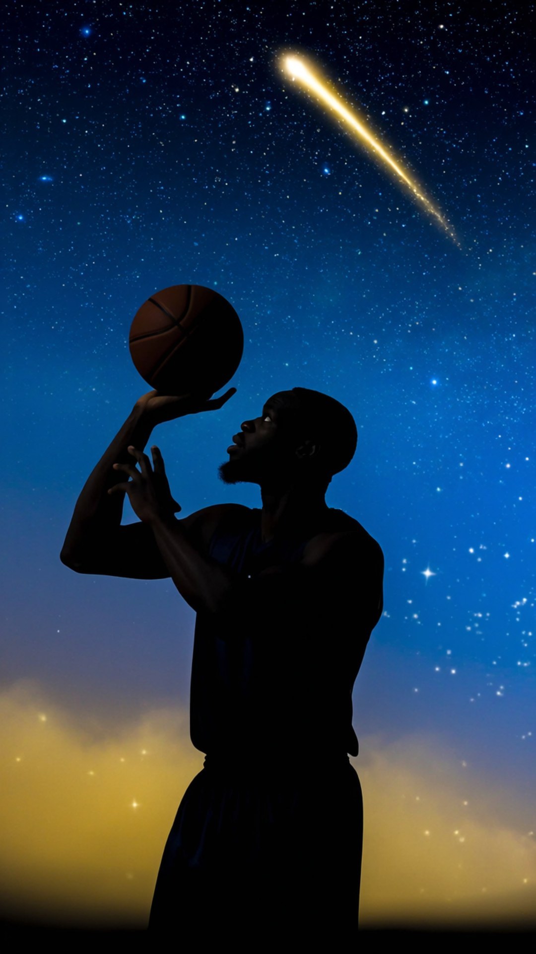Starry Night Basketball 壁紙 — 一個籃球運動員的剪影，在星光熠熠的夜空下，向著一顆發光的彗星投球。
