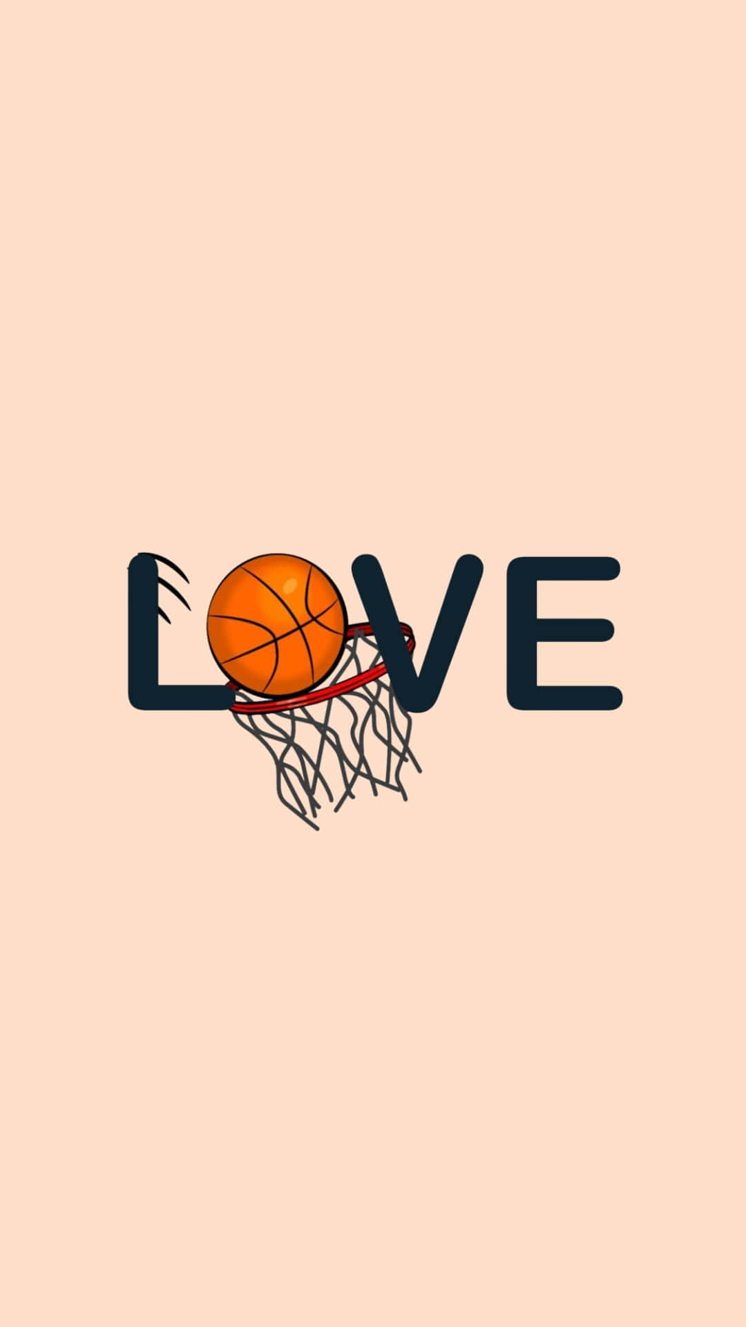  壁紙 — 一個籃球取代了LOVE中的'O'，穿過籃框，背景是柔和的桃色。