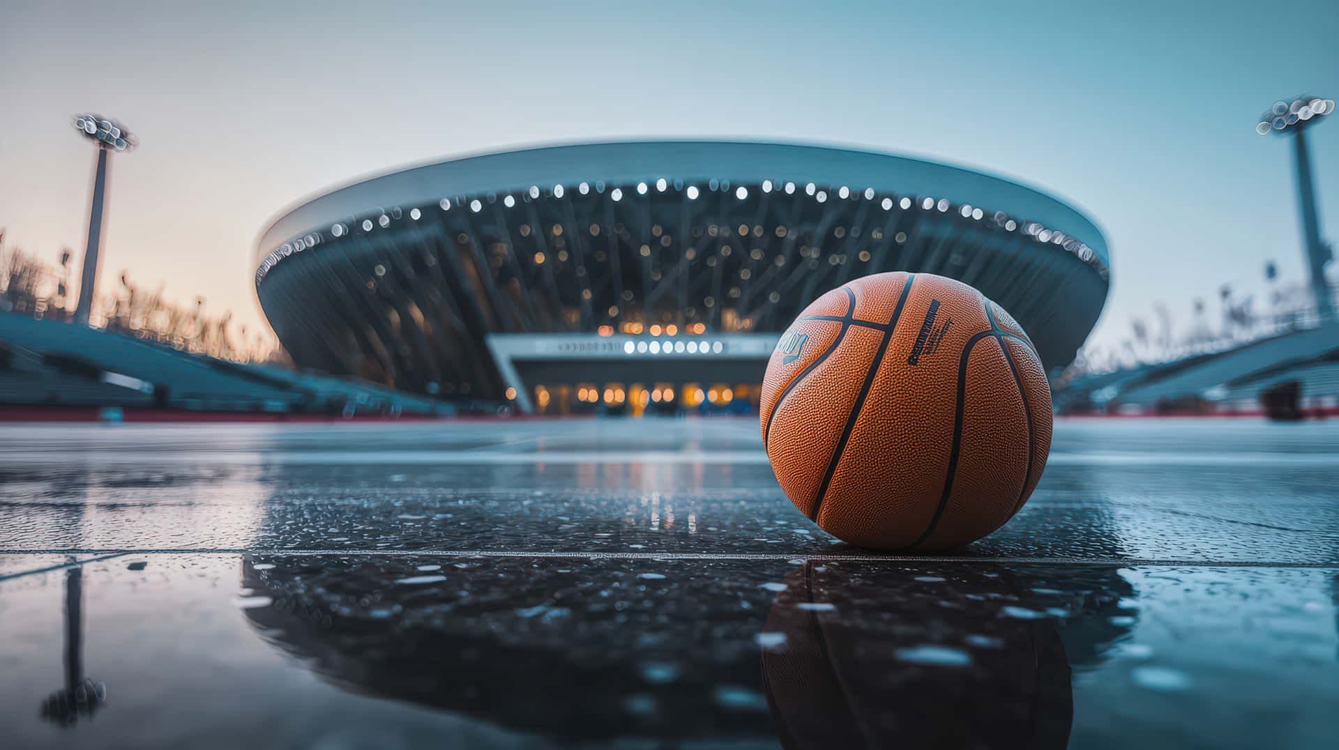 一個籃球放在燈火通明的體育館前濕漉漉的路面上，黃昏時分。 — NBA 壁紙