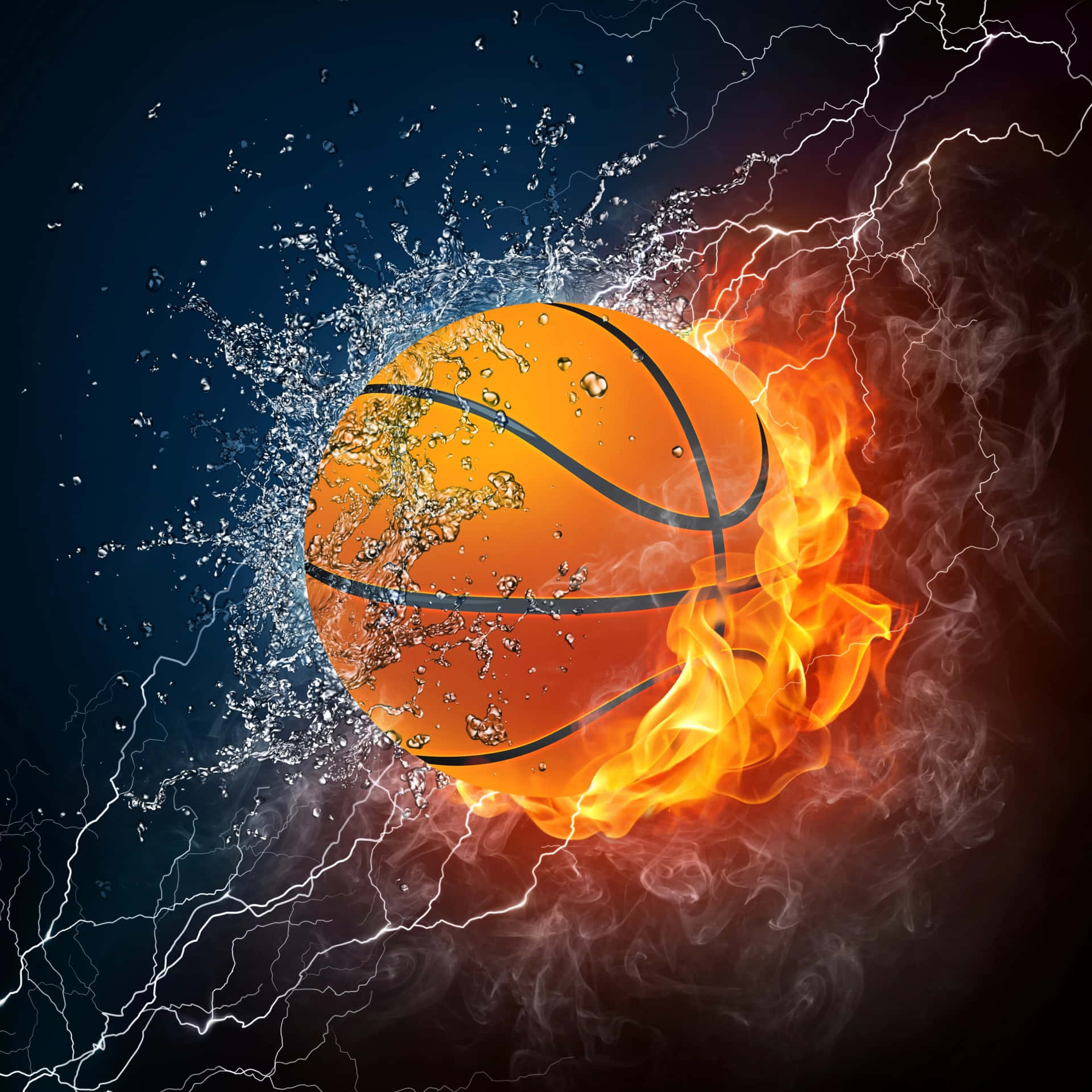 籃球被火焰和水包圍，背景有閃電。 — NBA 壁紙