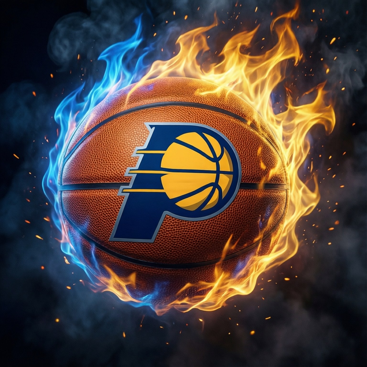 Flaming Pacers Ball 壁紙 — 一個帶有印第安納溜馬隊標誌的籃球，在煙霧瀰漫的黑暗背景中，被咆哮的橙色火焰和冷藍色火焰吞噬。