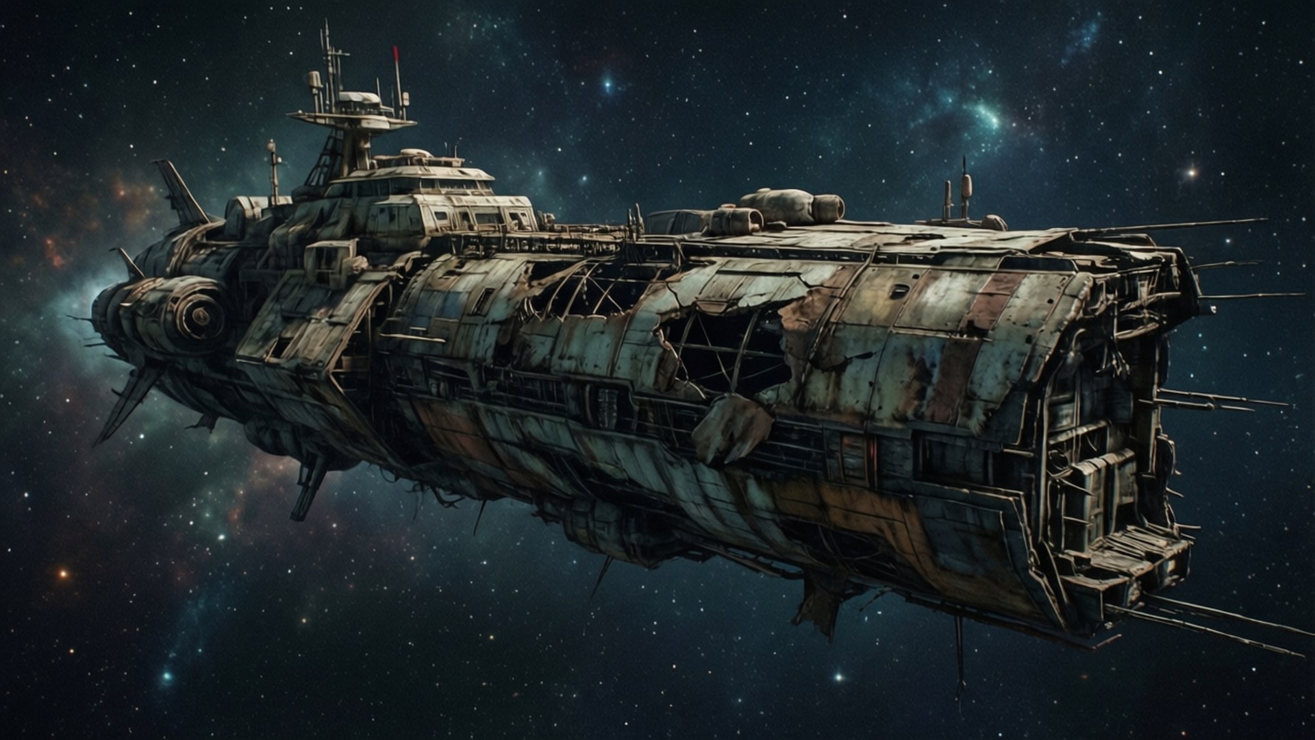The Hope Derelict 壁紙 — 一艘破舊生鏽的太空船在星空中漂流，背景有發光的星雲。