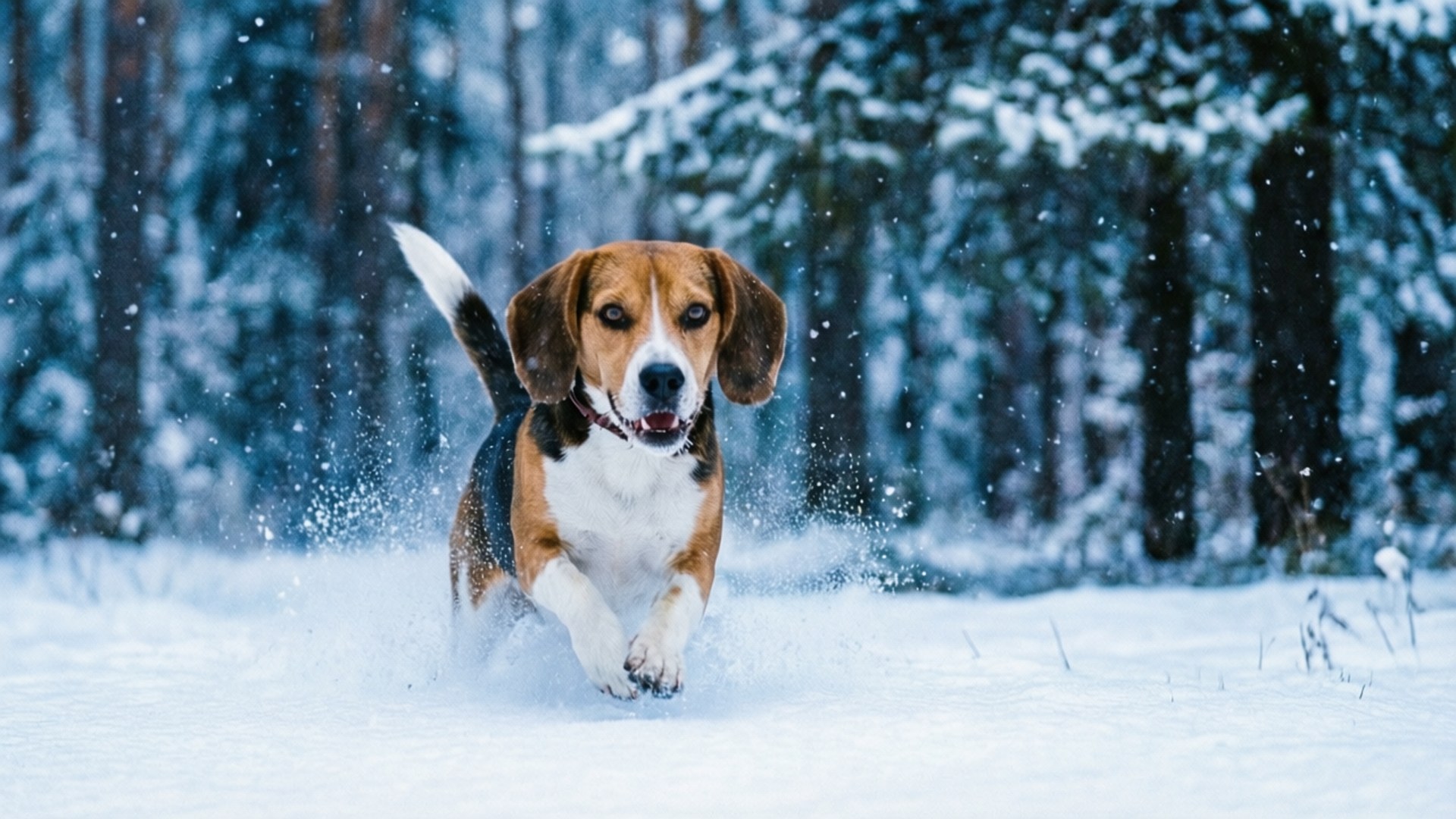 Winter Beagle Run 壁紙 — 一隻擁有棕色、白色和黑色毛髮的比格犬在雪花飄落的雪地森林中快樂地奔跑在深雪中。