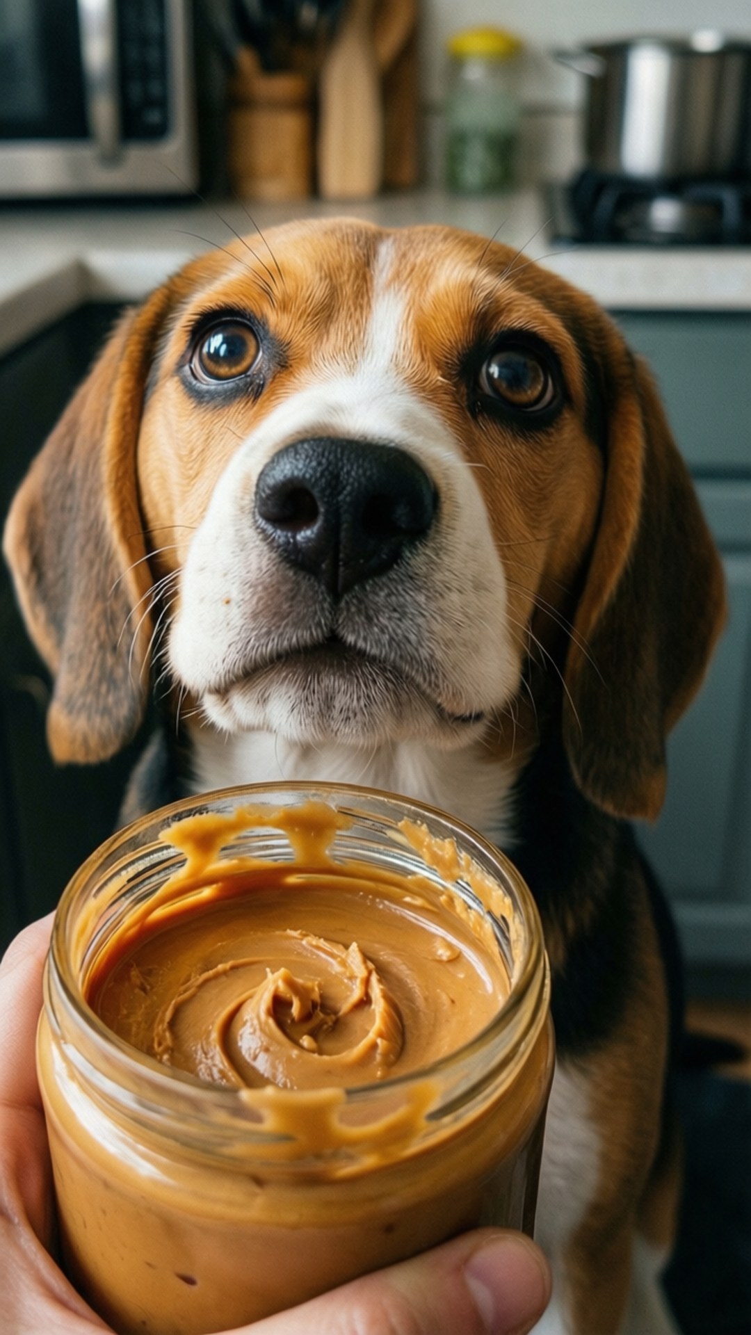 Peanut Butter Beagle 壁紙 — 一隻擁有寬大棕色眼睛的比格犬，在廚房裡專注地盯著一隻由人類手裡拿著的花生醬罐。