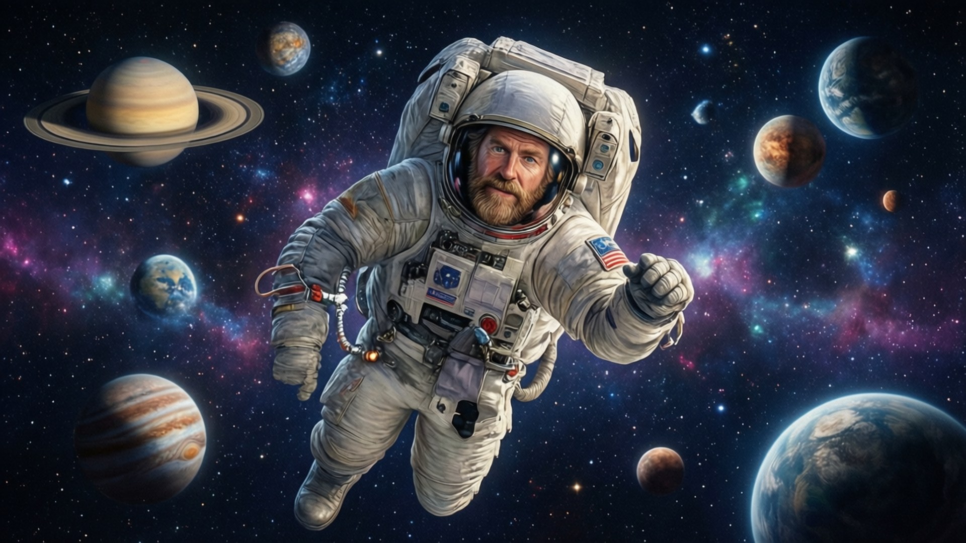 Space Bean 壁紙 — 一位留鬍子的太空人在太空中漂浮，周圍環繞著土星、木星、地球和其他行星，背景是充滿活力的宇宙星雲。