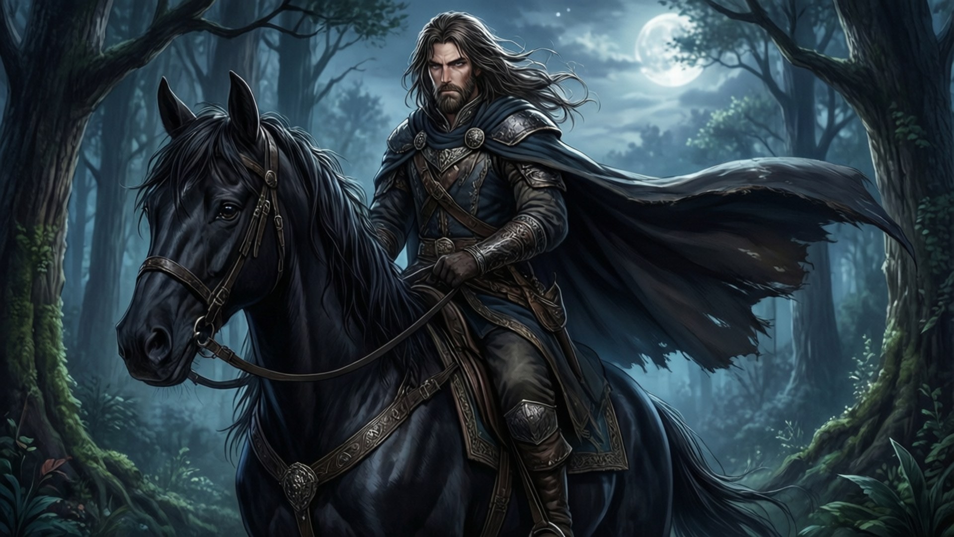 Horseman in the Forest 壁紙 — 一位鬍鬚騎士身穿暗色盔甲，騎著黑馬穿過月光照耀的森林，樹木長滿苔蘚，上方有一輪發光的滿月。