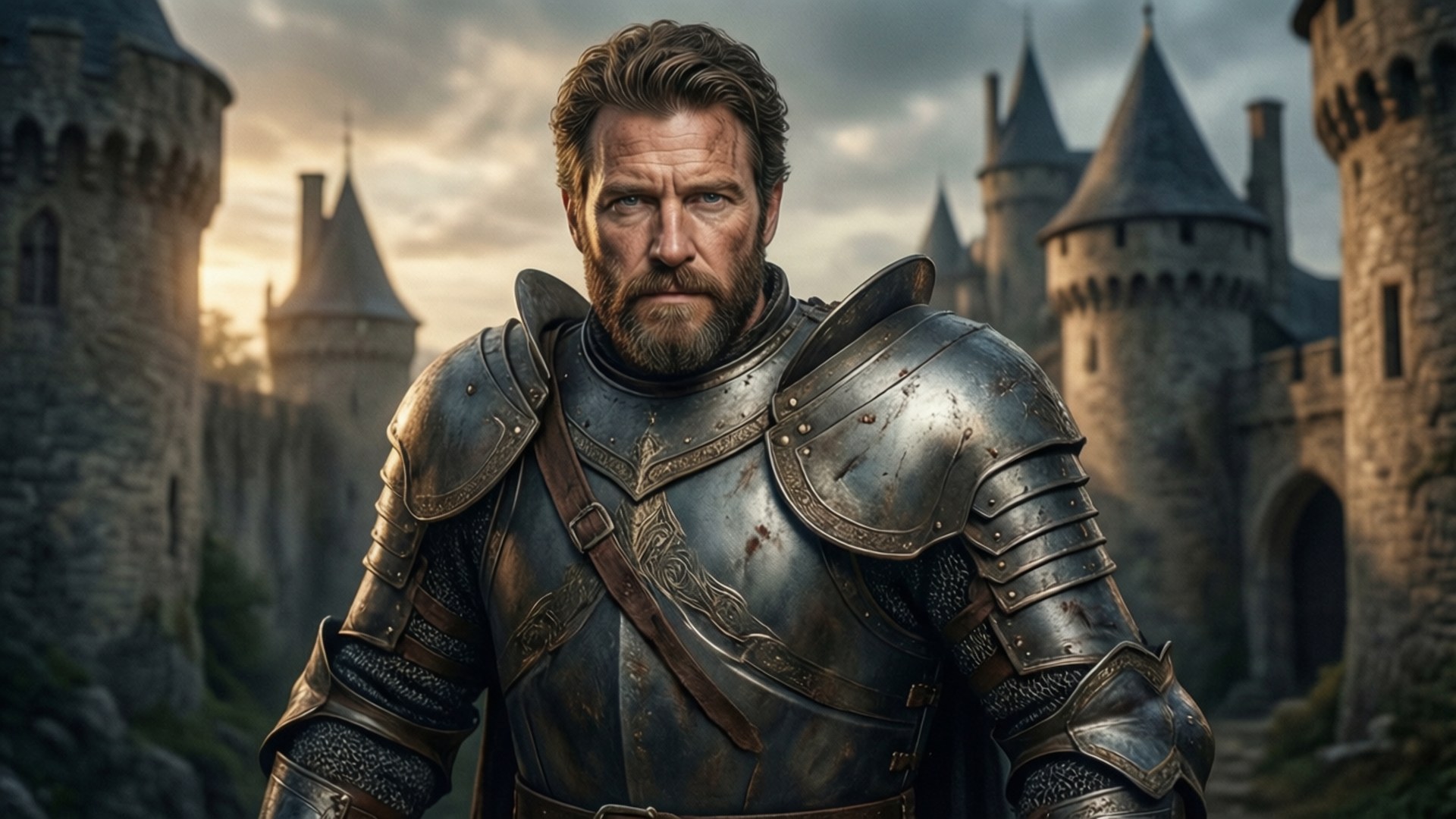 Fantasy Knight 壁紙 — 一位留鬍鬚的騎士身穿精細金屬盔甲，站在有塔樓的石城堡前，天空多雲。