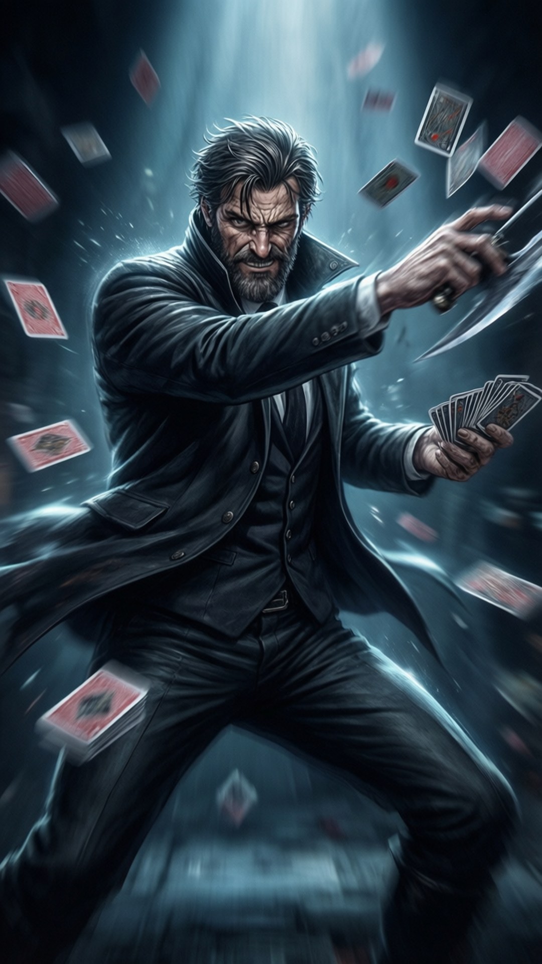 Louis in Action 壁紙 — 一個留鬍鬚的男人穿著深色外套揮舞著刀，而紙牌在戲劇性的聚光燈下在他周圍飛舞。
