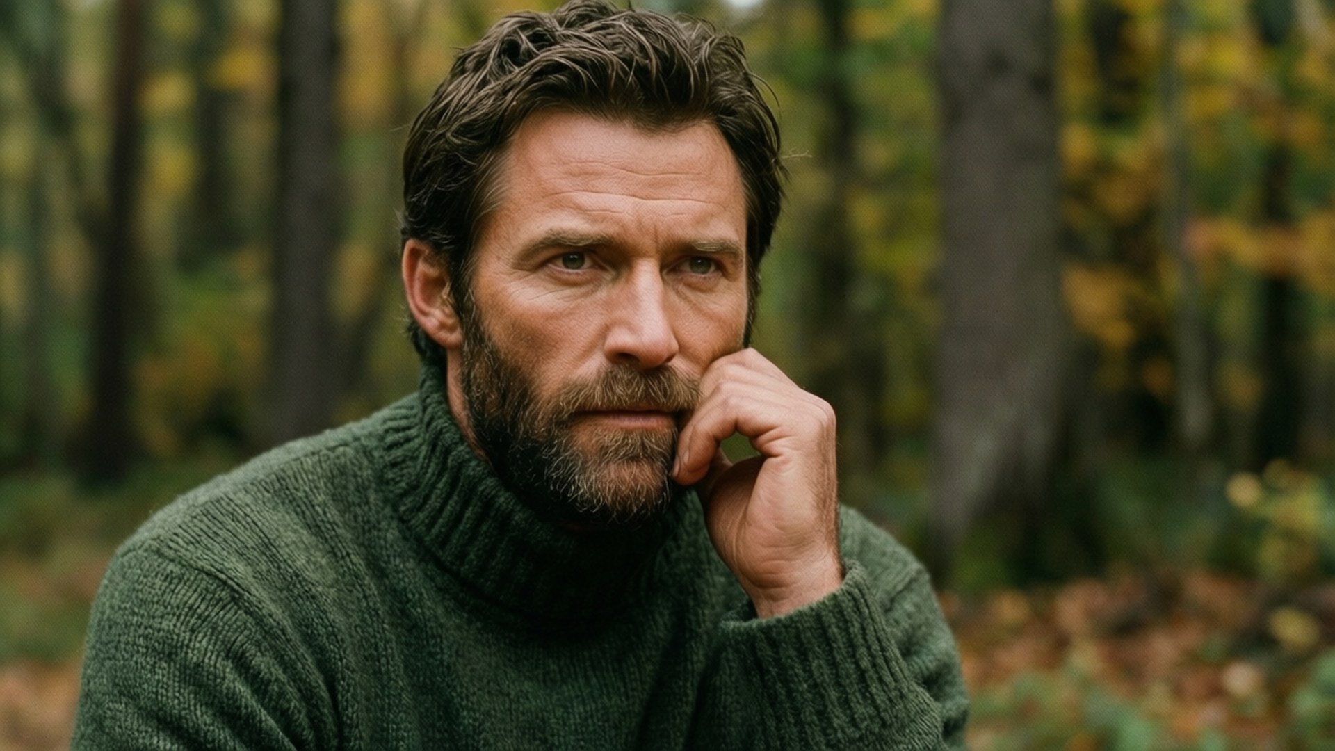Autumn Turtleneck 壁紙 — 一位留鬍鬚的男子穿著綠色高領毛衣，在秋日森林的樹葉中將下巴擱在手上。