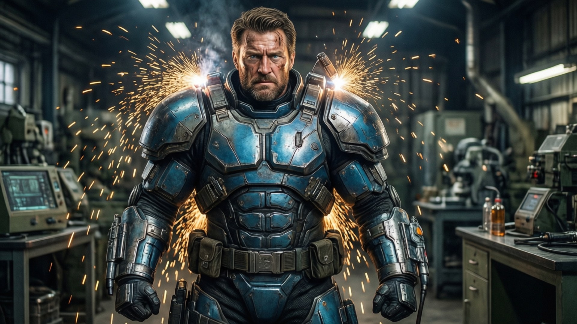 Commander Steel Armor 壁紙 — 一個留鬍子的男人穿著藍色裝甲服站在工作室裡，火花從他的肩膀飛出。