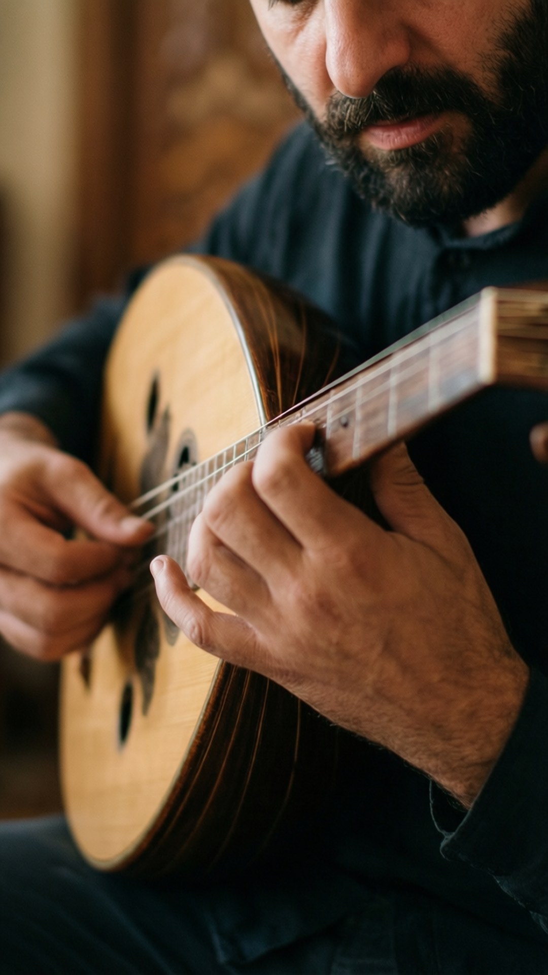 Oud Player 壁紙 — 一位留鬍鬚的男子在溫暖的室內燈光下，專注地用雙手彈奏木製曼陀林。