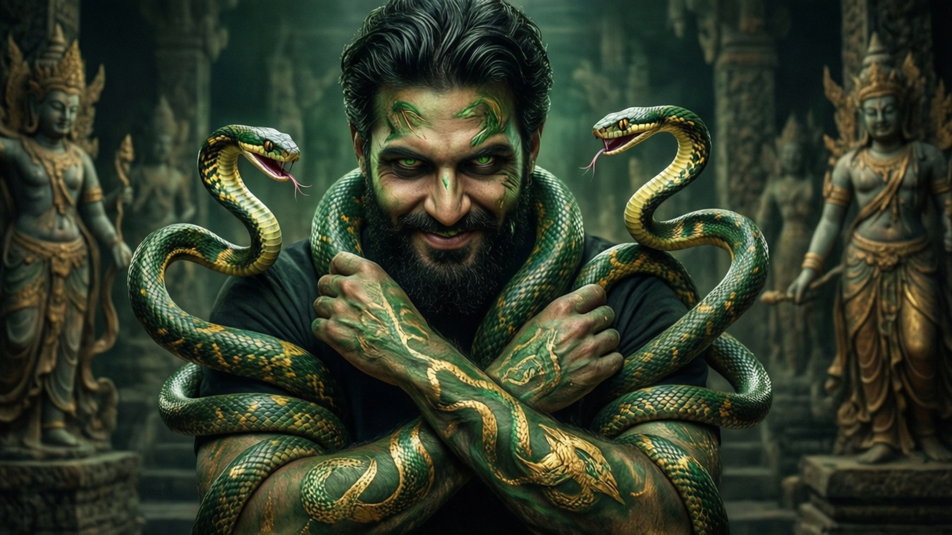 Snake Charmer Douma 壁紙 — 一個留鬍子的男人，臉上塗著綠色顏料，手臂纏繞著蛇，在一個有金色雕像的寺廟裡微笑。