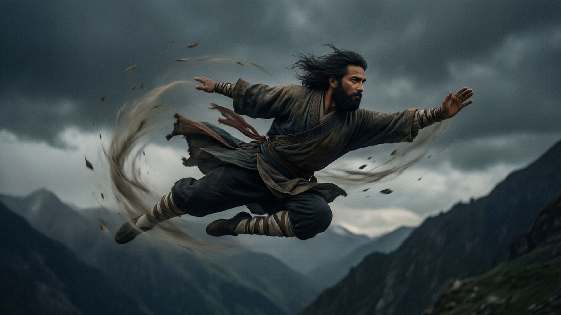 Zaheer Flight 壁紙 — 一個鬍鬚戰士穿著破爛長袍，在風暴山谷中翱翔，身後有旋風和碎片。