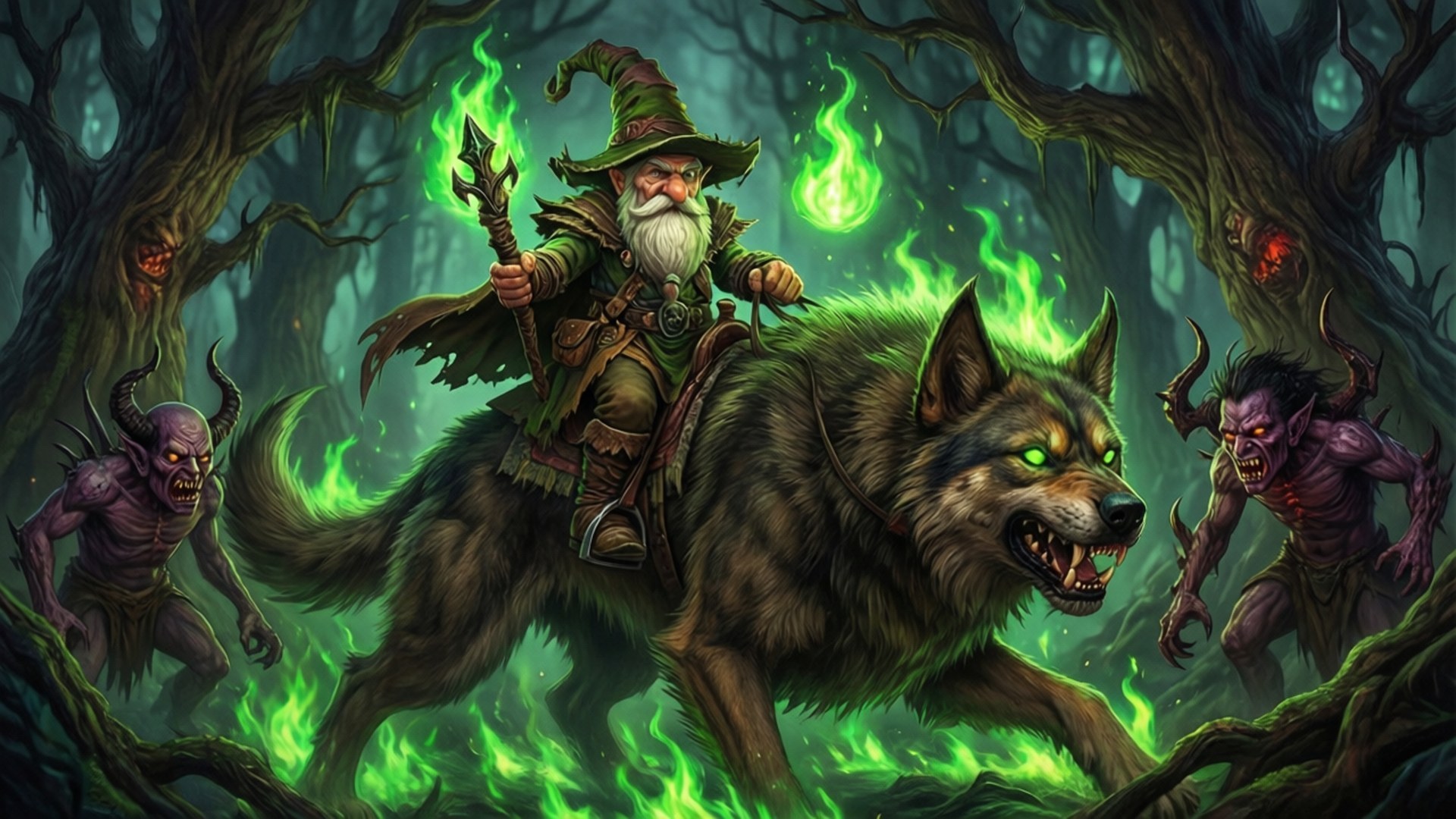 Fel Gnome Warlock 壁紙 — 一位留鬍鬚的巫師戴著尖頂帽，騎著一隻咆哮的狼穿過黑暗的森林，周圍噴出綠色火焰，惡魔般的生物潛伏在陰影中。