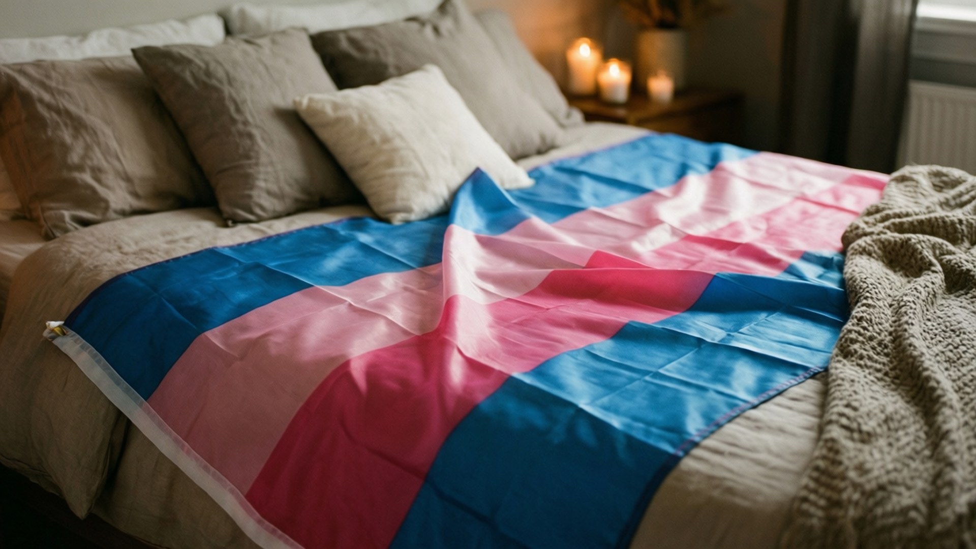 Intimate Flag Drape 壁紙 — 一張床鋪著藍色、粉紅色和白色的雙性戀旗幟毯子，在溫暖的燭光下。
