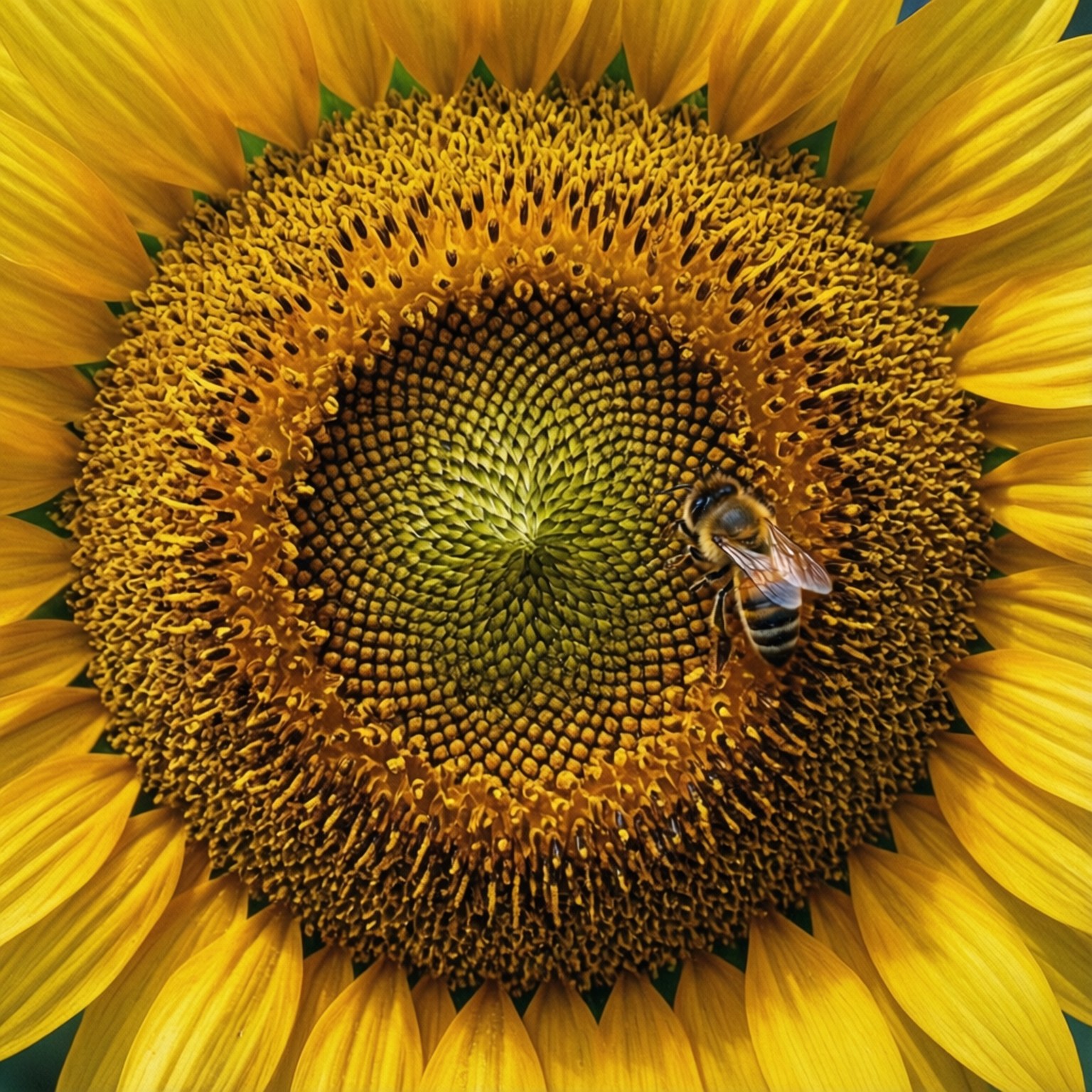 Sunflower Macro Detail 壁紙 — 一隻蜜蜂勤奮地從鮮豔黃色向日葵的複雜中心採集花蜜。