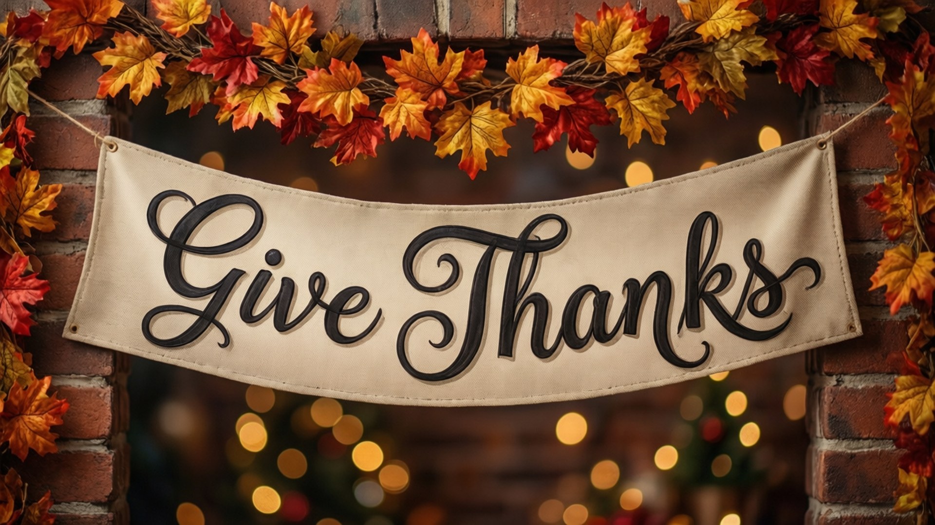 Give Thanks Banner 壁紙 — 一個米色橫幅，上面用黑色草書寫著「Give Thanks」，掛在磚牆之間，牆上裝飾著秋葉和溫暖的散景燈光。