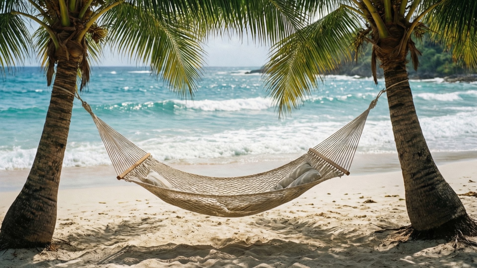 Hammock in Culebra 壁紙 — 一個米色吊床掛在兩棵棕櫚樹之間，沙灘上附近有碧綠的海浪拍打。