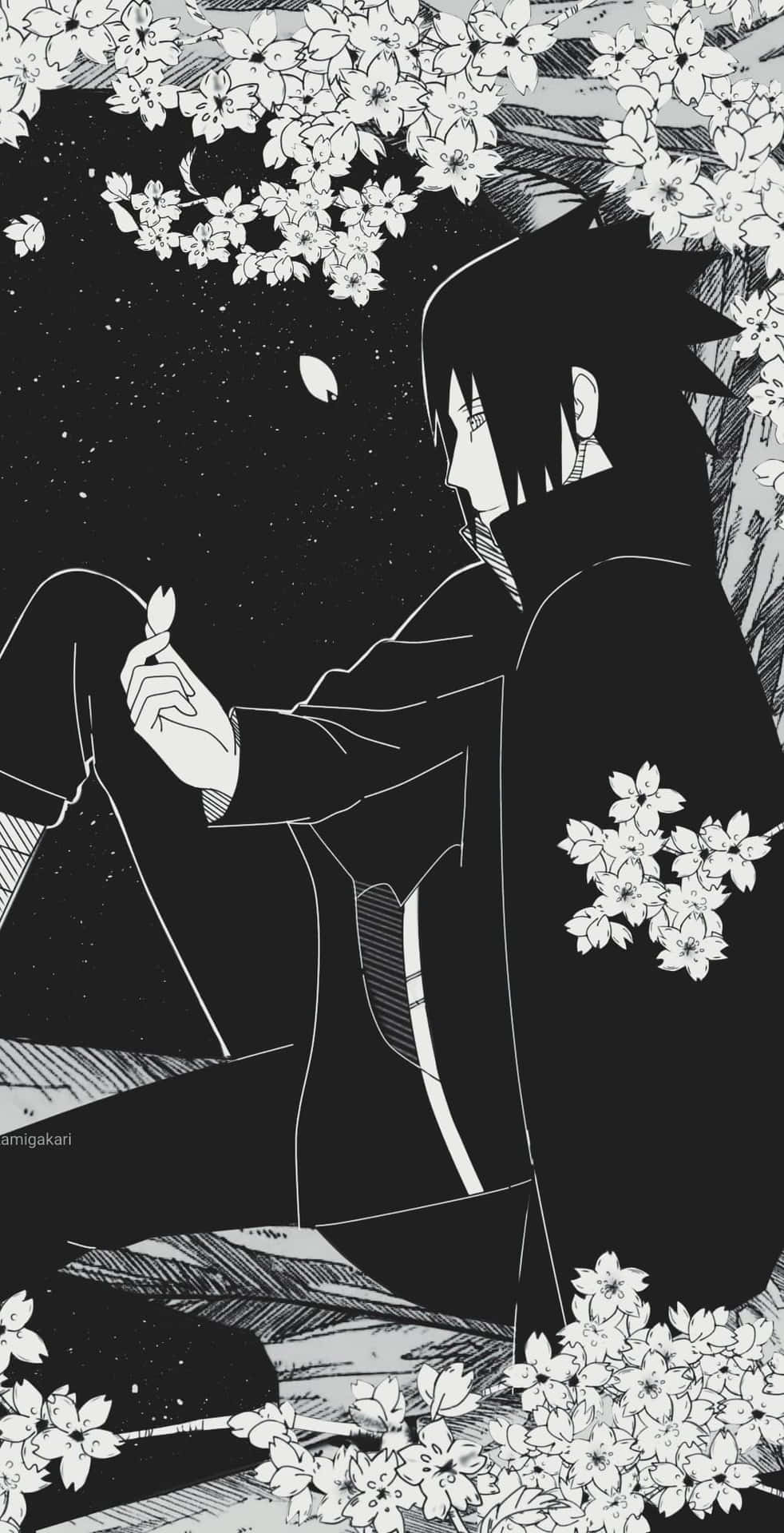 動漫角色在櫻花樹下夜晚手持花瓣。 — Sasuke 壁紙