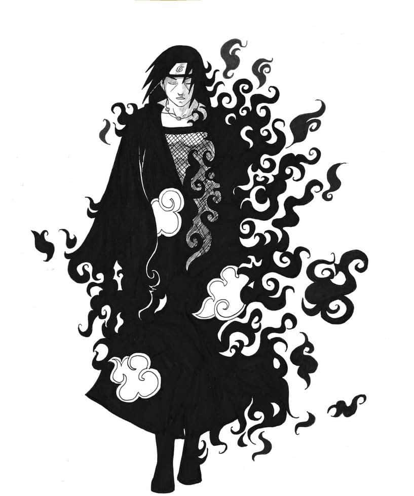  壁紙 — 一個黑白動漫角色，長髮飄逸，周圍環繞著旋轉的雲紋，擺出戲劇性的姿勢。