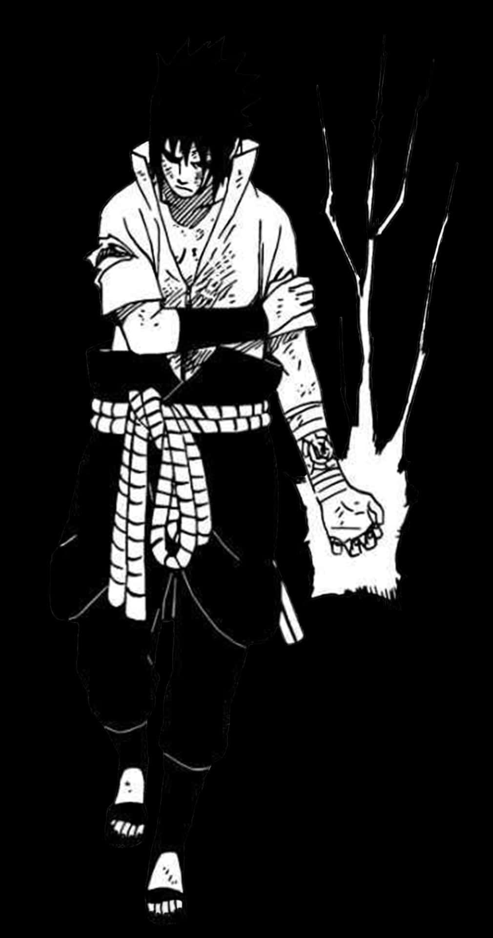 擁有尖刺頭髮和繃帶纏繞手臂的動漫角色站在陰影中。 — Sasuke 壁紙