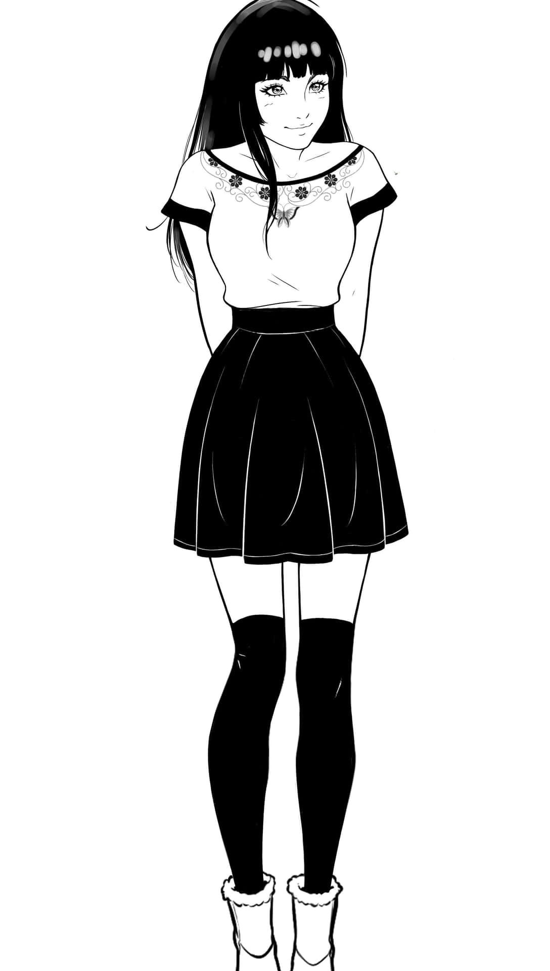  壁紙 — 一個黑白動漫女孩，有瀏海，穿著花卉圖案上衣、百褶裙和過膝靴，站在純色背景前。