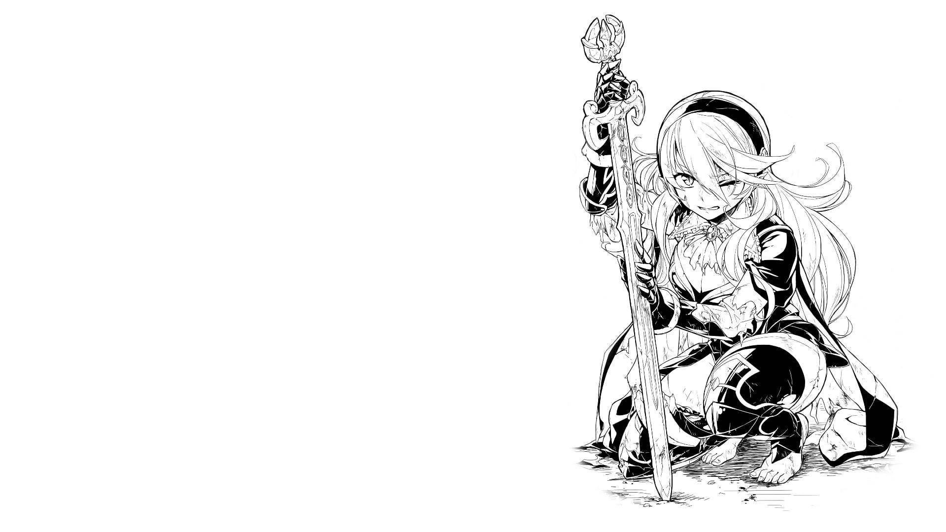 黑白線條藝術中，動漫女孩跪著手持花朵劍柄的劍。 — Fire Emblem Warriors 壁紙