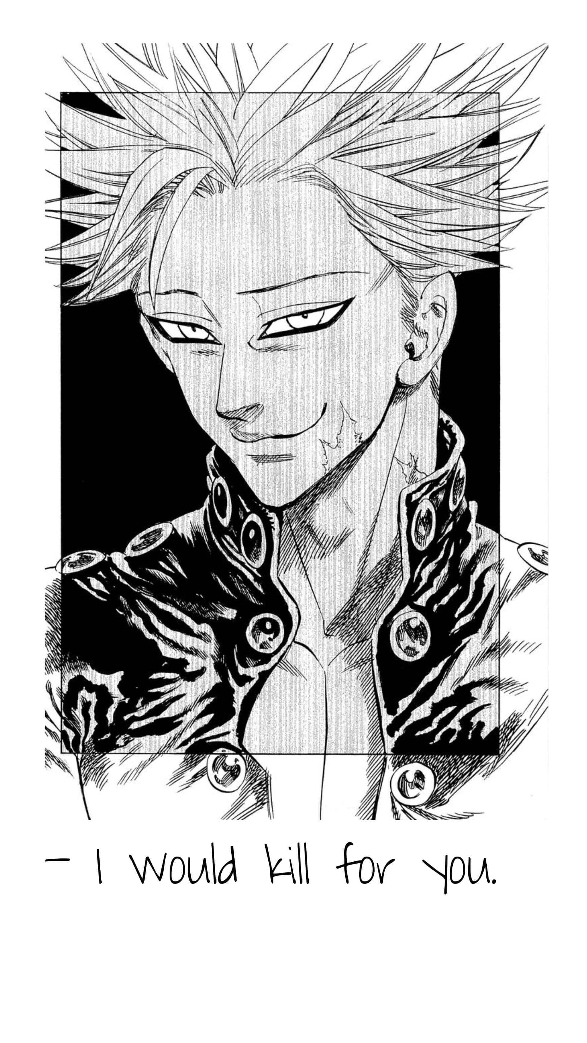 Seven Deadly Sins Ban 桌布 壁紙 — 一個黑白動畫風格肖像，角色有尖刺頭髮，帶著冷笑，穿著細節豐富的夾克。
