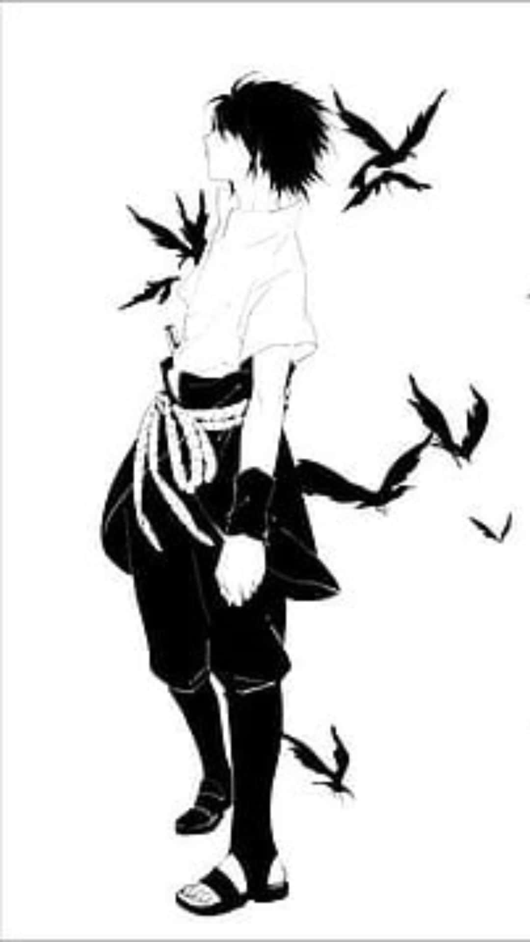  壁紙 — 一幅黑白動漫風格插圖，描繪一位身穿傳統服飾的年輕男子，周圍有鳥兒飛翔。