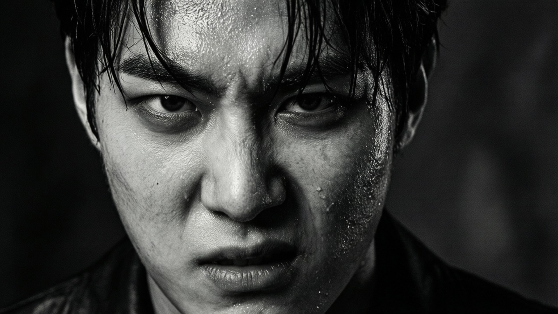 Shownu Intensity 壁紙 — 一個黑白特寫鏡頭，捕捉一名頭髮濕透、臉上流汗的男子，目光專注地向前凝視。