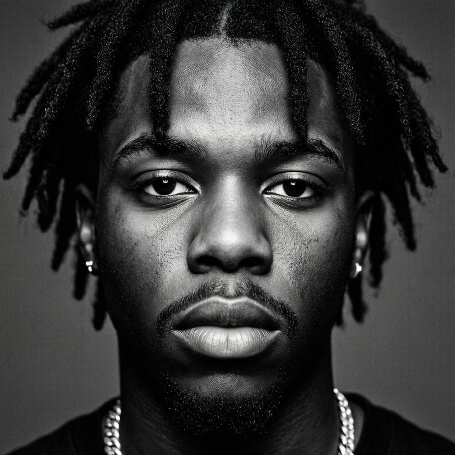 Monochrome Carti 壁紙 — 一個黑白特寫肖像，一名留著辮子、戴著鏈條項鍊的男子，正凝視著鏡頭。
