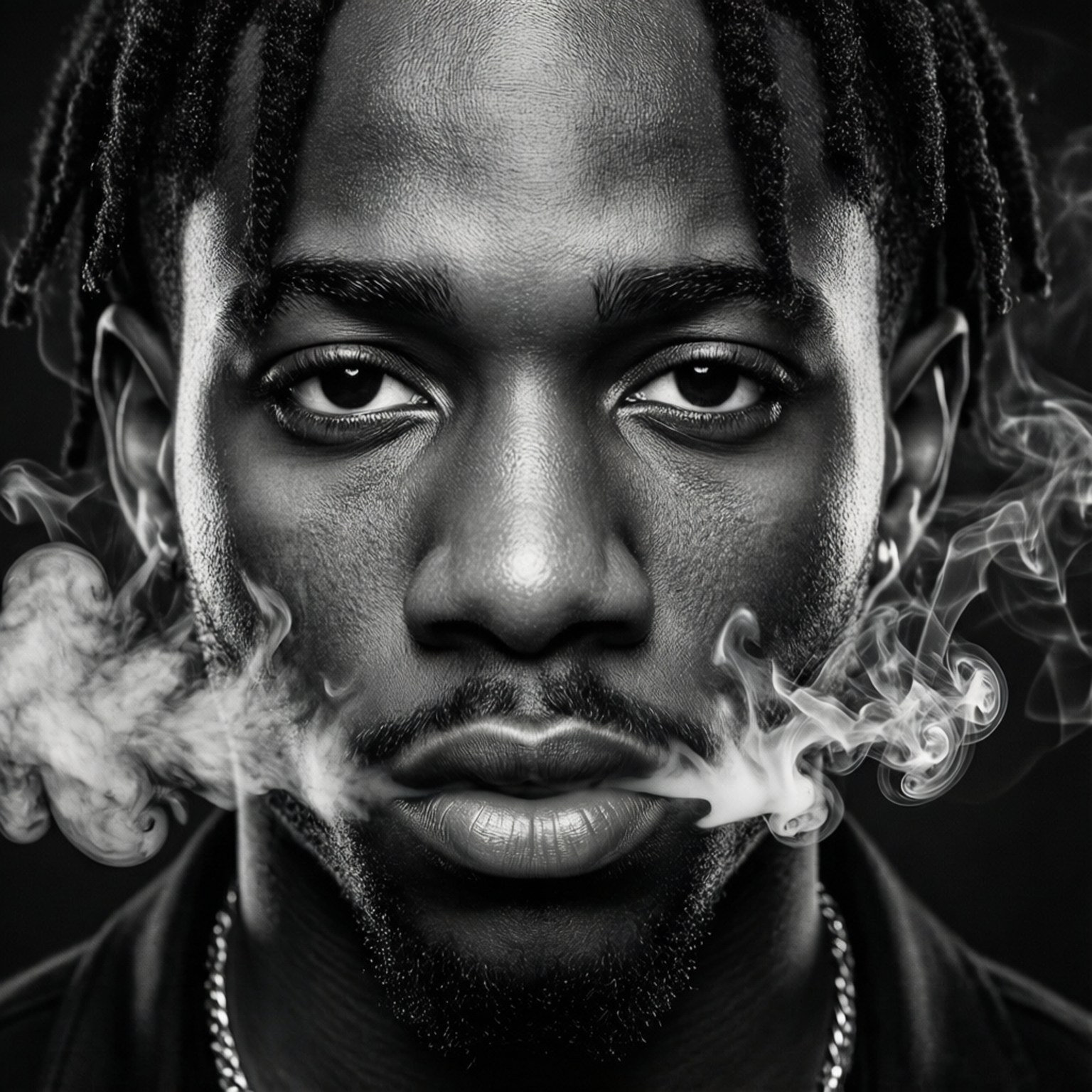Monochrome Smoke Portrait 壁紙 — 一個黑白特寫肖像，一名留著辮子的男人在黑暗背景下從口中呼出煙霧。