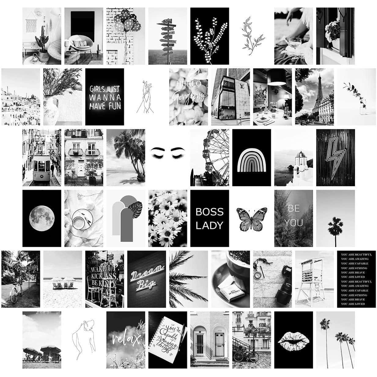  壁紙 — 黑白拼貼，包含多種極簡照片，展示文字藝術、自然圖案和城市景觀，採用單色美學。