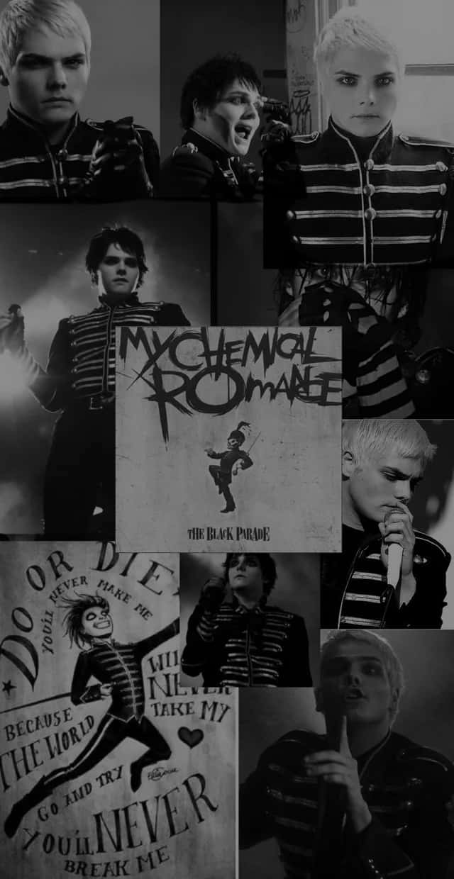  壁紙 — My Chemical Romance 樂團成員身穿軍裝風格外套的黑白拼貼畫，包含專輯藝術和歌詞。