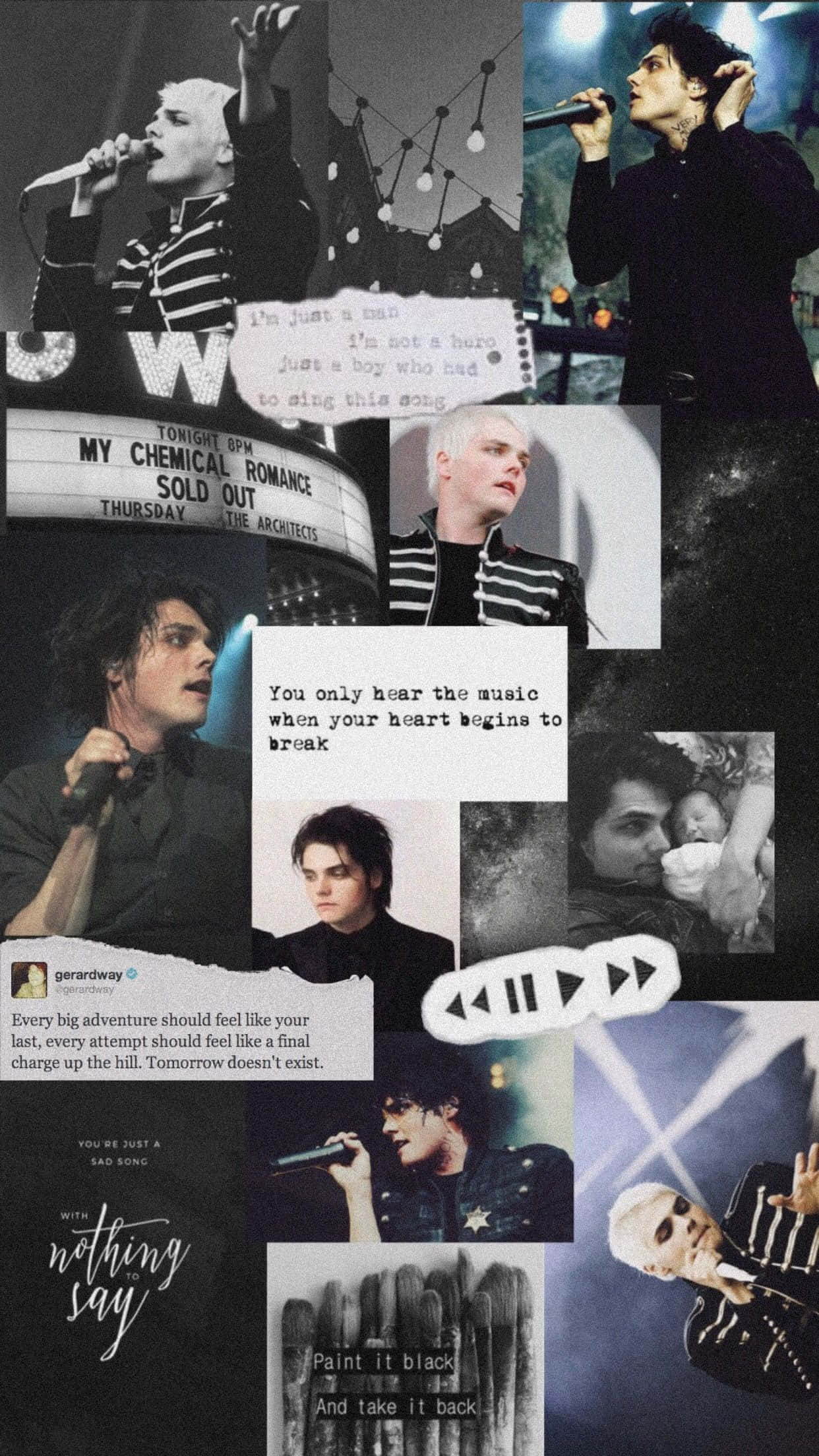 my chemical romance 桌布 壁紙 — My Chemical Romance 樂團成員在舞台上表演的黑白拼貼畫，包含演唱會語錄和門票存根。