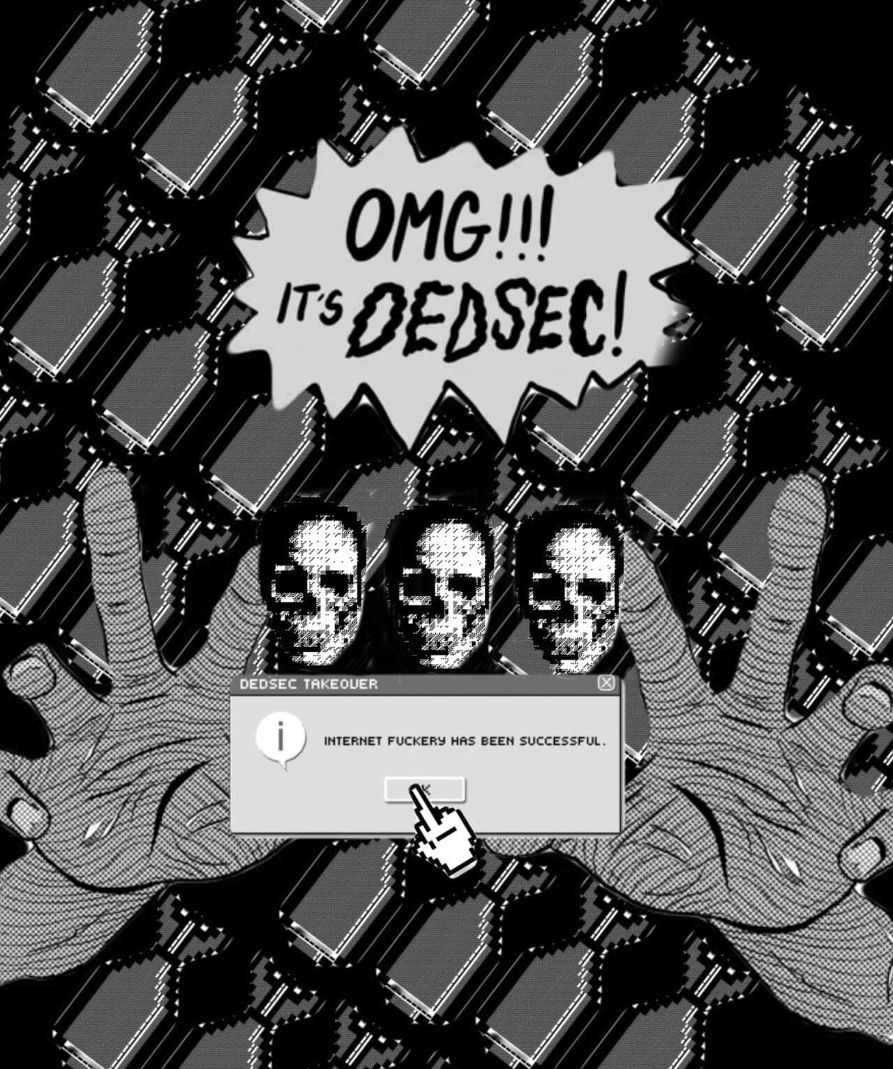  壁紙 — 一幅黑白漫畫風格插圖顯示像素化的手舉起一個「DEDSEC TAKEOVER」彈出視窗，後面有三個骷髏臉的人物。
