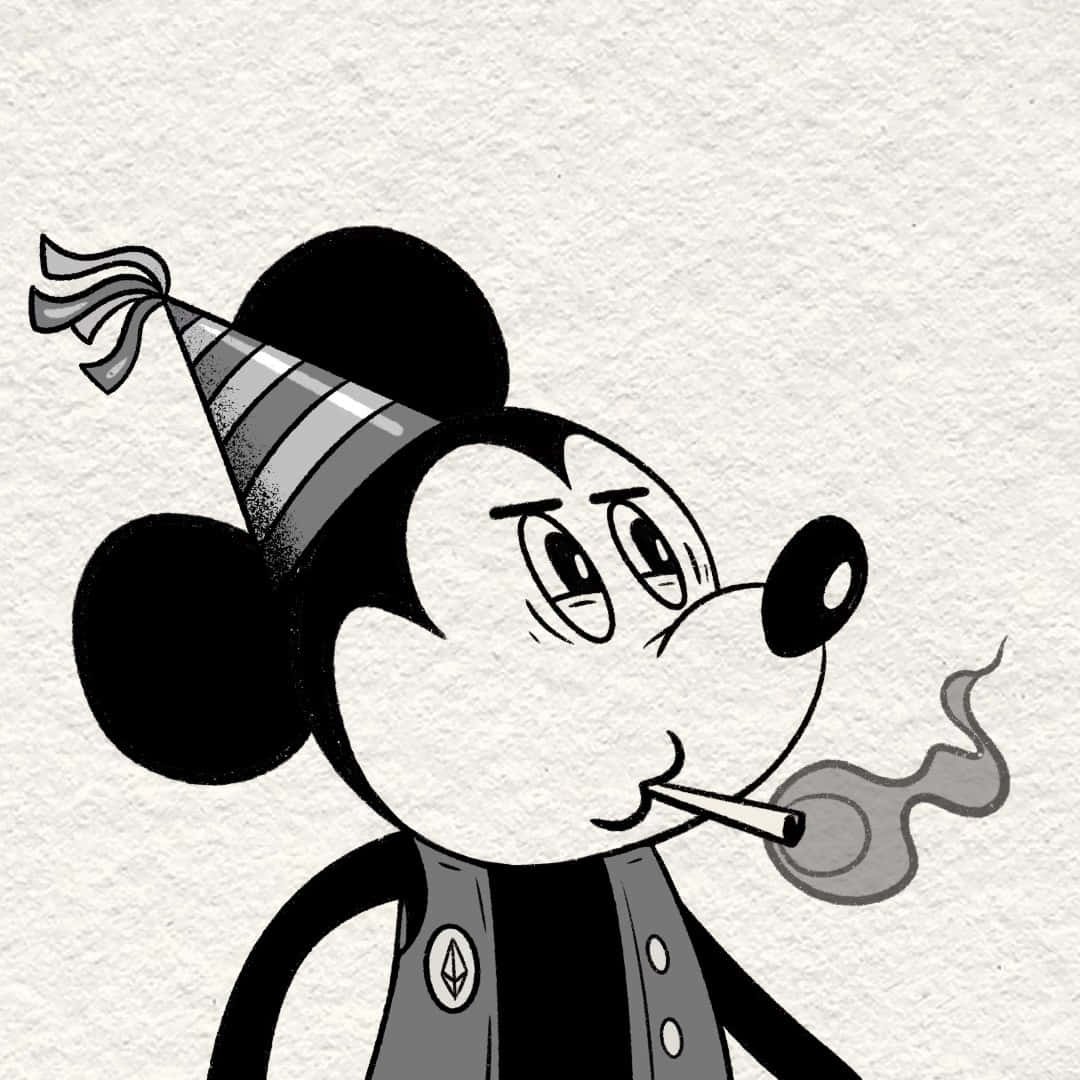  壁紙 — 黑白插圖風格的米奇老鼠戴著派對帽，抽著煙，煙霧從嘴裡繚繞而出。