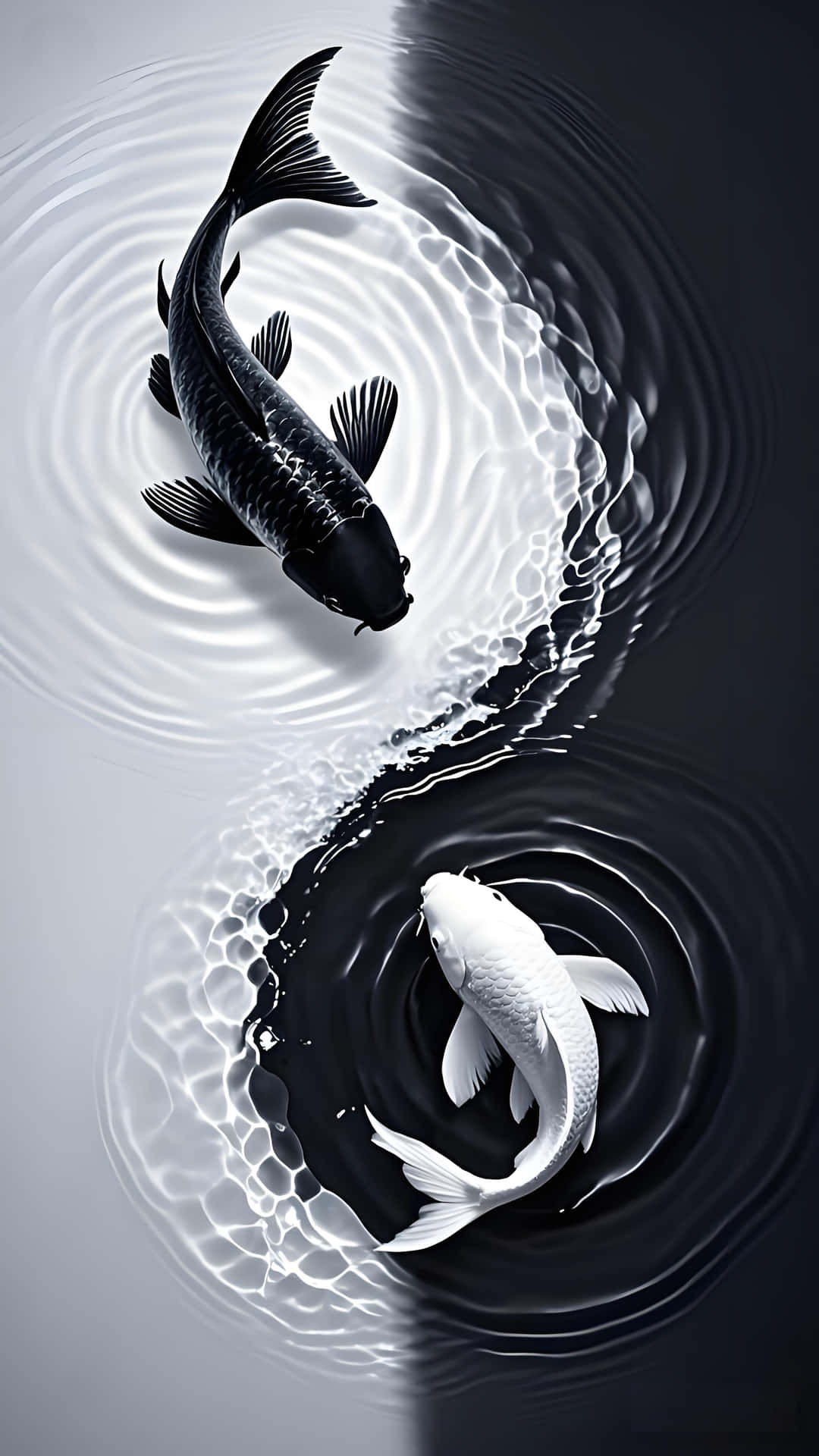兩條鯉魚向相反方向游動，在水中形成陰陽符號。 — 蘋果 壁紙