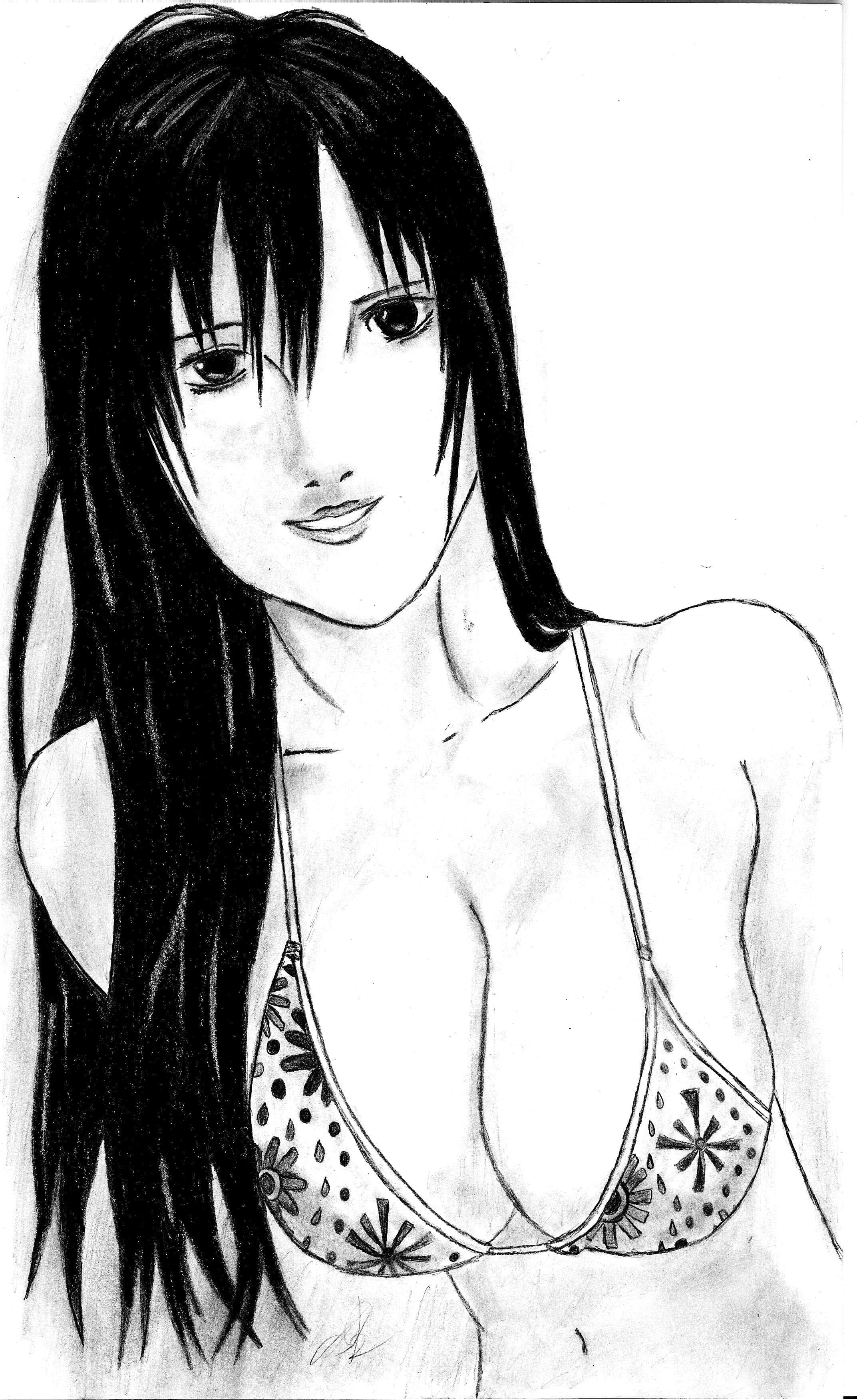 Reika Shimohira 桌布 壁紙 — 一位長黑髮、穿著圖案比基尼上衣的女性的黑白鉛筆素描。