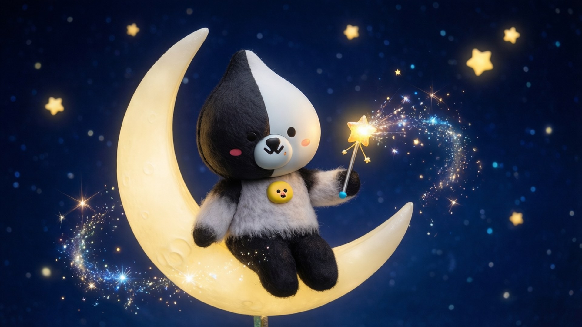 Chimmy on the Moon 壁紙 — 一隻黑白毛絨熊，帶有黃色鈕扣，坐在發光的彎月上，手持閃爍的星星魔杖，背景是星空夜空。