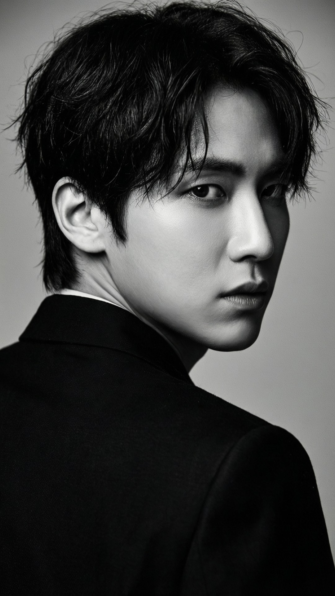 Leeteuk Monochrome 壁紙 — 一個穿著深色西裝的男人轉頭凝視肩膀後方的黑白肖像。